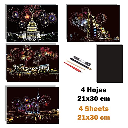 Dibujos para rascar.Fuegos artificiales. Láminas con fondo colorido para rascar. Scratch Painting. Manualidad para rascar Serie ciudades.Hojas de rascar. Sets de 4 hojas de 21x29.7cm-Nacnic-Nacnic Estudio SL