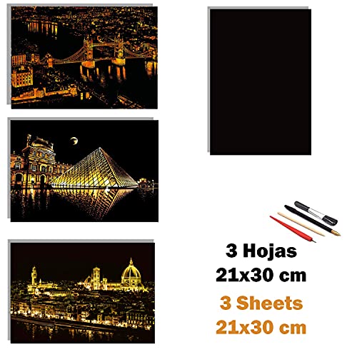 Dibujos para rascar.Londres, Florencia, y Louvre Paris. Láminas con fondo colorido para rascar. Scratch Painting. Manualidad para rascar Serie ciudades.Hojas de rascar. Sets de 3 hojas de 21x29.7cm-Nacnic-Nacnic Estudio SL