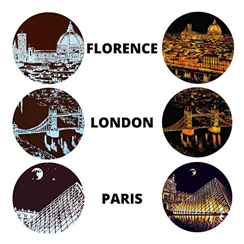 Dibujos para rascar.Londres, Florencia, y Louvre Paris. Láminas con fondo colorido para rascar. Scratch Painting. Manualidad para rascar Serie ciudades.Hojas de rascar. Sets de 3 hojas de 21x29.7cm-Nacnic-Nacnic Estudio SL