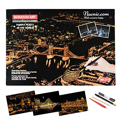 Dibujos para rascar.Londres, Florencia, y Louvre Paris. Láminas con fondo colorido para rascar. Scratch Painting. Manualidad para rascar Serie ciudades.Hojas de rascar. Sets de 3 hojas de 21x29.7cm-Nacnic-Nacnic Estudio SL