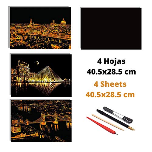 Dibujos para rascar.Londres, Florencia, y Louvre Paris. Láminas con fondo colorido para rascar. Scratch Painting. Manualidad para rascar Serie ciudades.Hojas de rascar. Sets de 3 hojas de 40.5*28.5cm-Nacnic-Nacnic Estudio SL