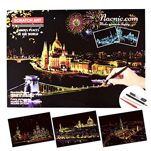 Dibujos para rascar.Rusia Plaza roja Florencia Hamburgo. Láminas con fondo colorido para rascar. Scratch Painting. Manualidad para rascar Serie ciudades.Hojas de rascar. Sets de 3 hojas de 40.5*28.5cm-Nacnic-Nacnic Estudio SL