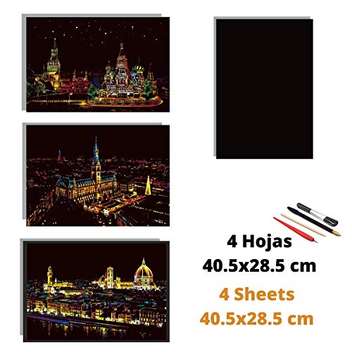 Dibujos para rascar.Rusia Plaza roja Florencia Hamburgo. Láminas con fondo colorido para rascar. Scratch Painting. Manualidad para rascar Serie ciudades.Hojas de rascar. Sets de 3 hojas de 40.5*28.5cm-Nacnic-Nacnic Estudio SL