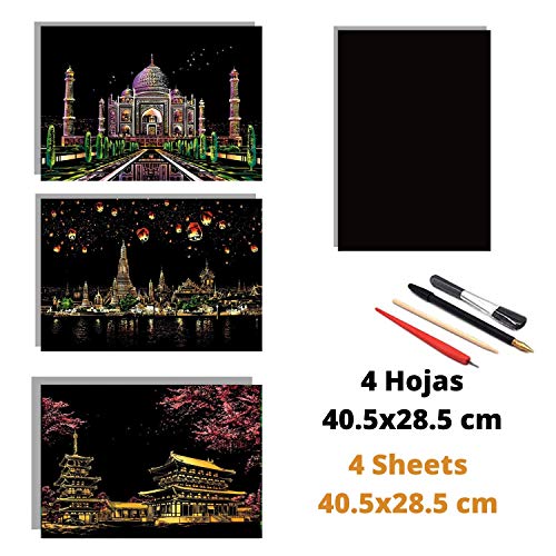 Dibujos para rascar.Taj Mahal Chiang Mai, Tailandia. Láminas con fondo colorido para rascar. Scratch Painting. Manualidad para rascar Serie ciudades.Hojas de rascar. Sets de 3 hojas de 40.5*28.5cm-Nacnic-Nacnic Estudio SL