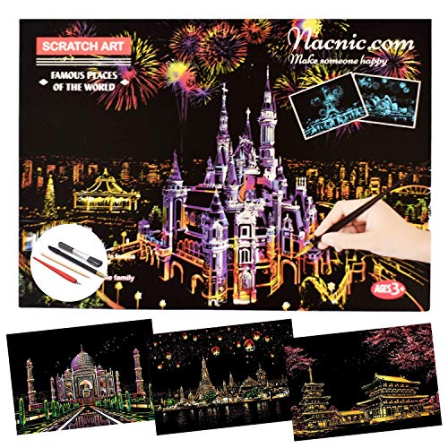 Dibujos para rascar.Taj Mahal Chiang Mai, Tailandia. Láminas con fondo colorido para rascar. Scratch Painting. Manualidad para rascar Serie ciudades.Hojas de rascar. Sets de 3 hojas de 40.5*28.5cm-Nacnic-Nacnic Estudio SL