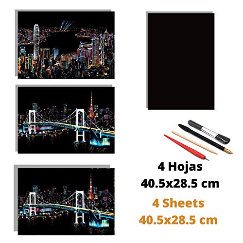 Dibujos para rascar.Tokio Canada Victoria Australia. Láminas con fondo colorido para rascar. Scratch Painting. Manualidad para rascar Serie ciudades.Hojas de rascar. Sets de 3 hojas de 40.5*28.5cm-Nacnic-Nacnic Estudio SL