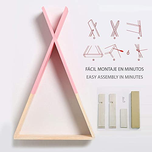 Dos estanterias de pared rosas. Estante flotante triangular de pared. Estantería flotante de habitación de niños y bebés, salón. Estantes de pared de madera para almacenamiento. Grande.-Nacnic-Nacnic Estudio SL