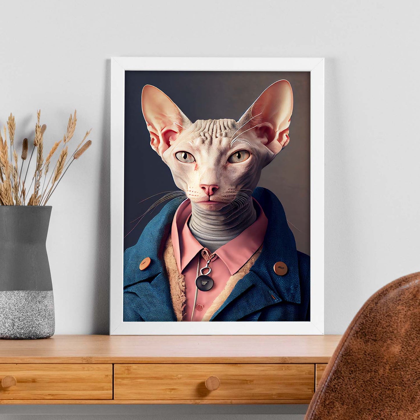 El gato nacnico Peterbald se vistió con el accesor de ropa humana. Estampados de arte de pared estético para el diseño de dormitorio o sala de estar.-Artwork-Nacnic-Nacnic Estudio SL
