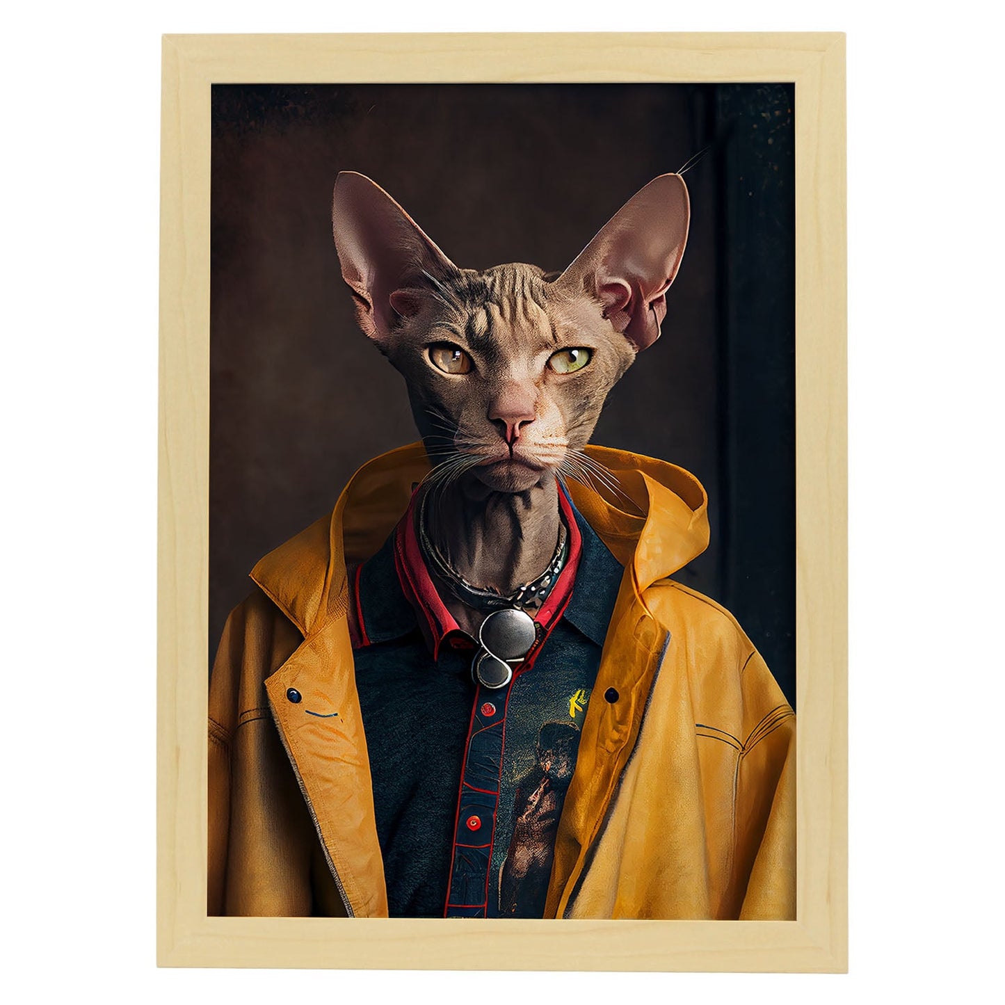El gato nacnico Peterbald se vistió con el accesor de ropa humana. Estampados de arte de pared estético para el diseño de dormitorio o sala de estar.-Artwork-Nacnic-A4-Marco Madera clara-Nacnic Estudio SL