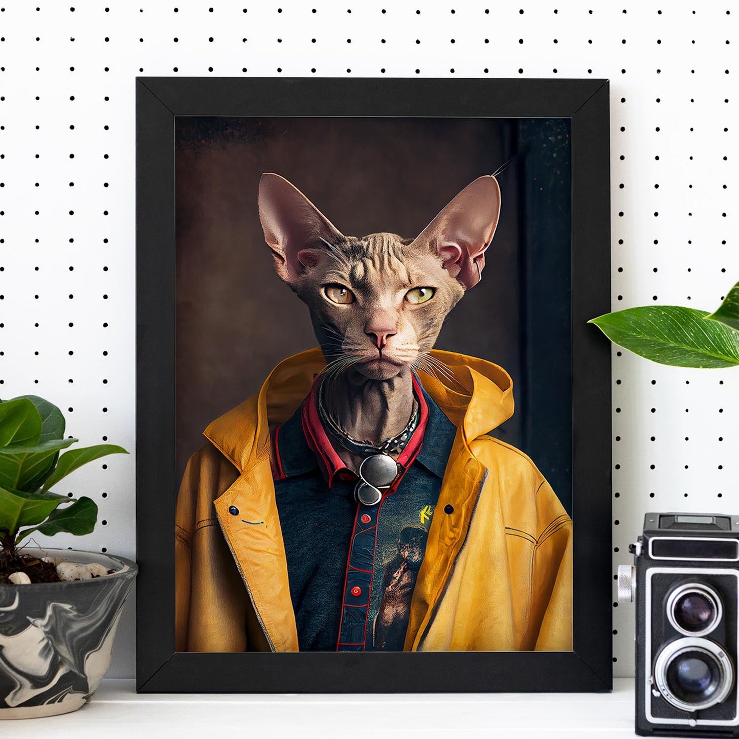 El gato nacnico Peterbald se vistió con el accesor de ropa humana. Estampados de arte de pared estético para el diseño de dormitorio o sala de estar.-Artwork-Nacnic-Nacnic Estudio SL