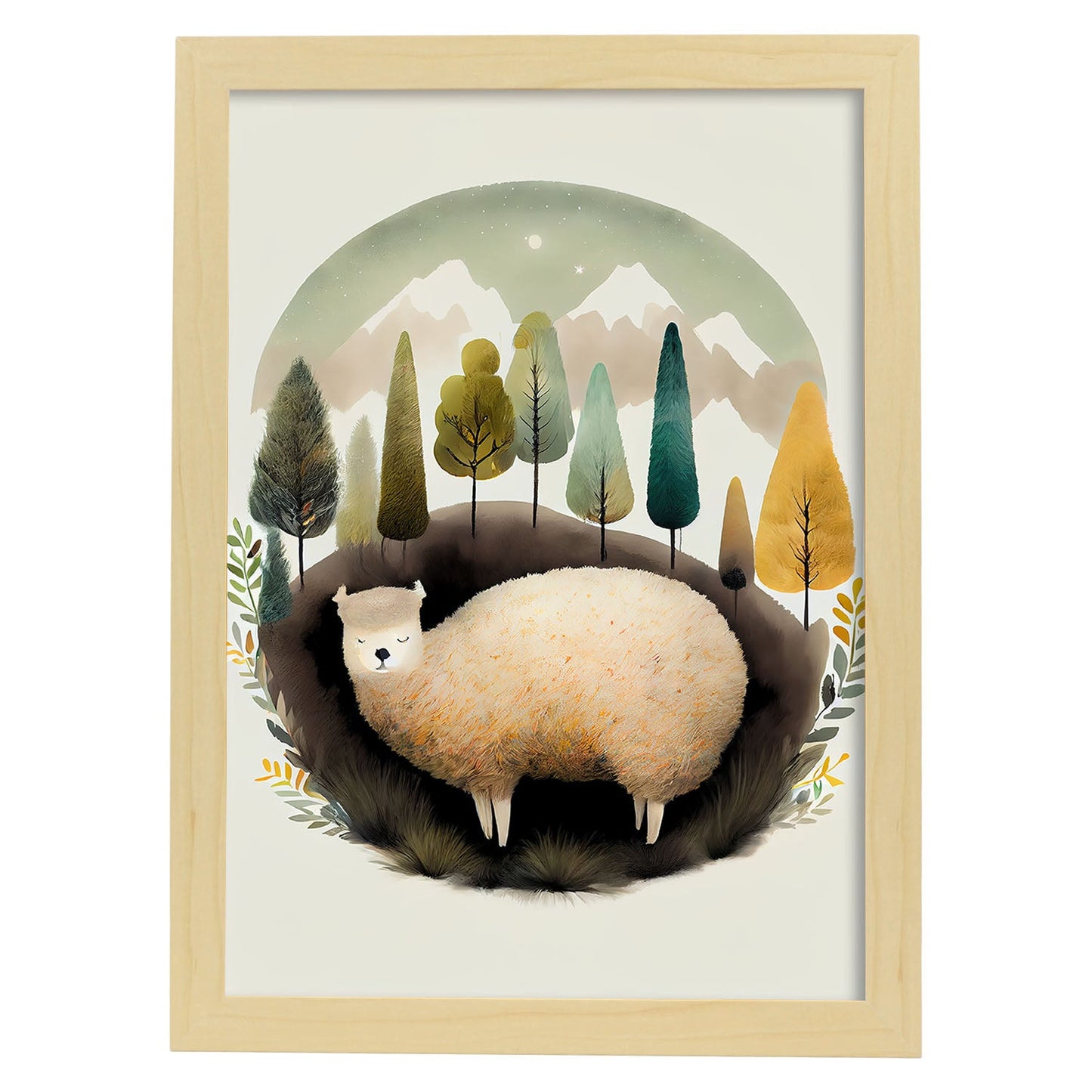 Estilo de precisión de alpaca abstracto nácnico para dormir. Estampados de arte de pared estético para el diseño de dormitorio o sala de estar.-Artwork-Nacnic-A4-Marco Madera clara-Nacnic Estudio SL