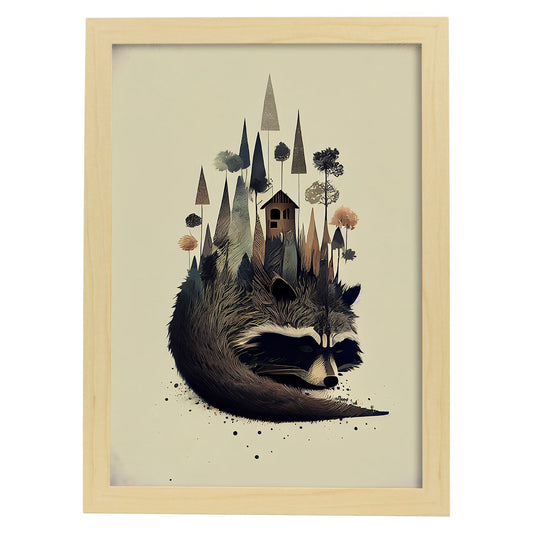Estilo de precisión de mapache y esponjoso nacnico para dormir. Estampados de arte de pared estético para el diseño de dormitorio o sala de estar.-Artwork-Nacnic-A4-Marco Madera clara-Nacnic Estudio SL