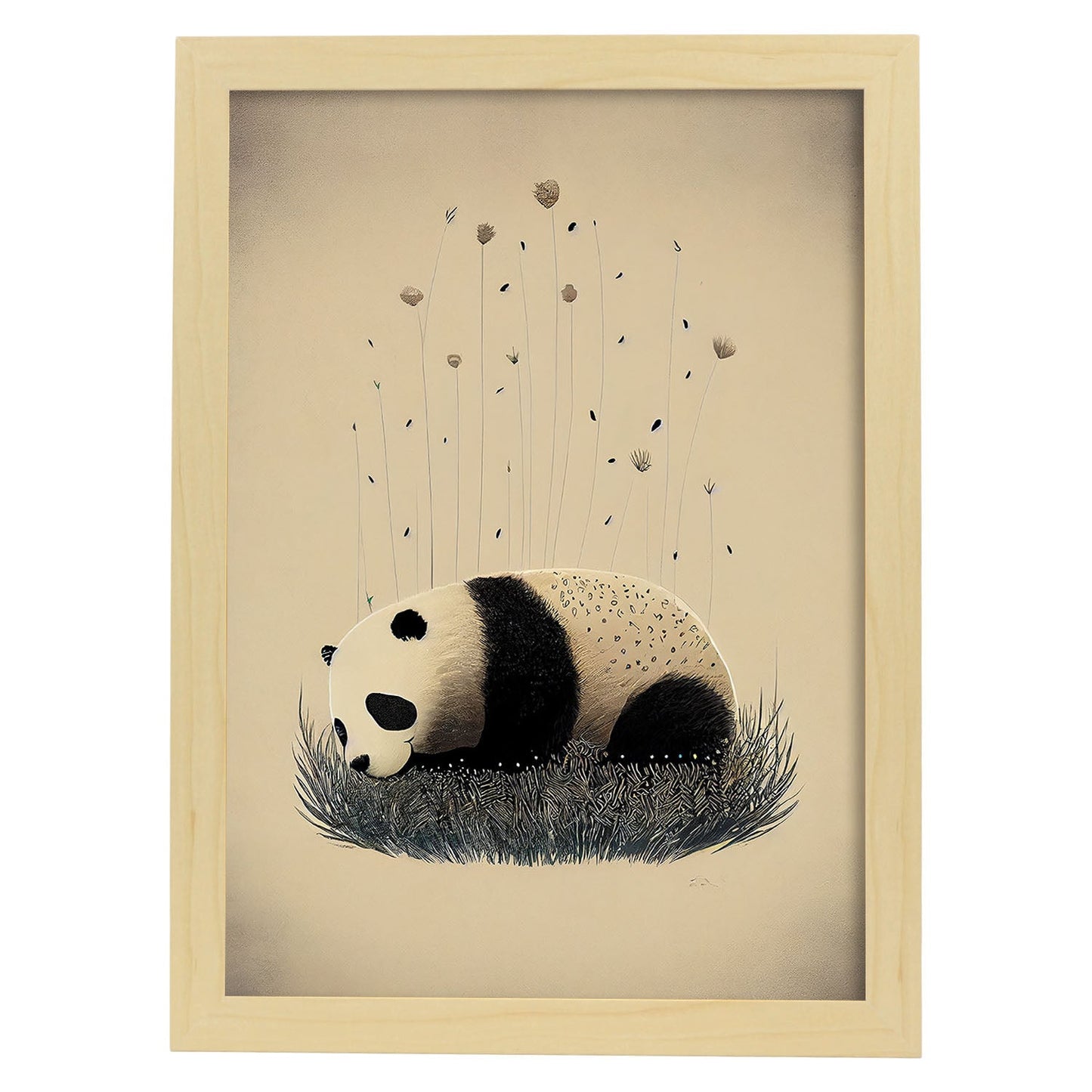 Estilo de precisión de panda nácnico durmiendo. Estampados de arte de pared estético para el diseño de dormitorio o sala de estar.-Artwork-Nacnic-A4-Marco Madera clara-Nacnic Estudio SL
