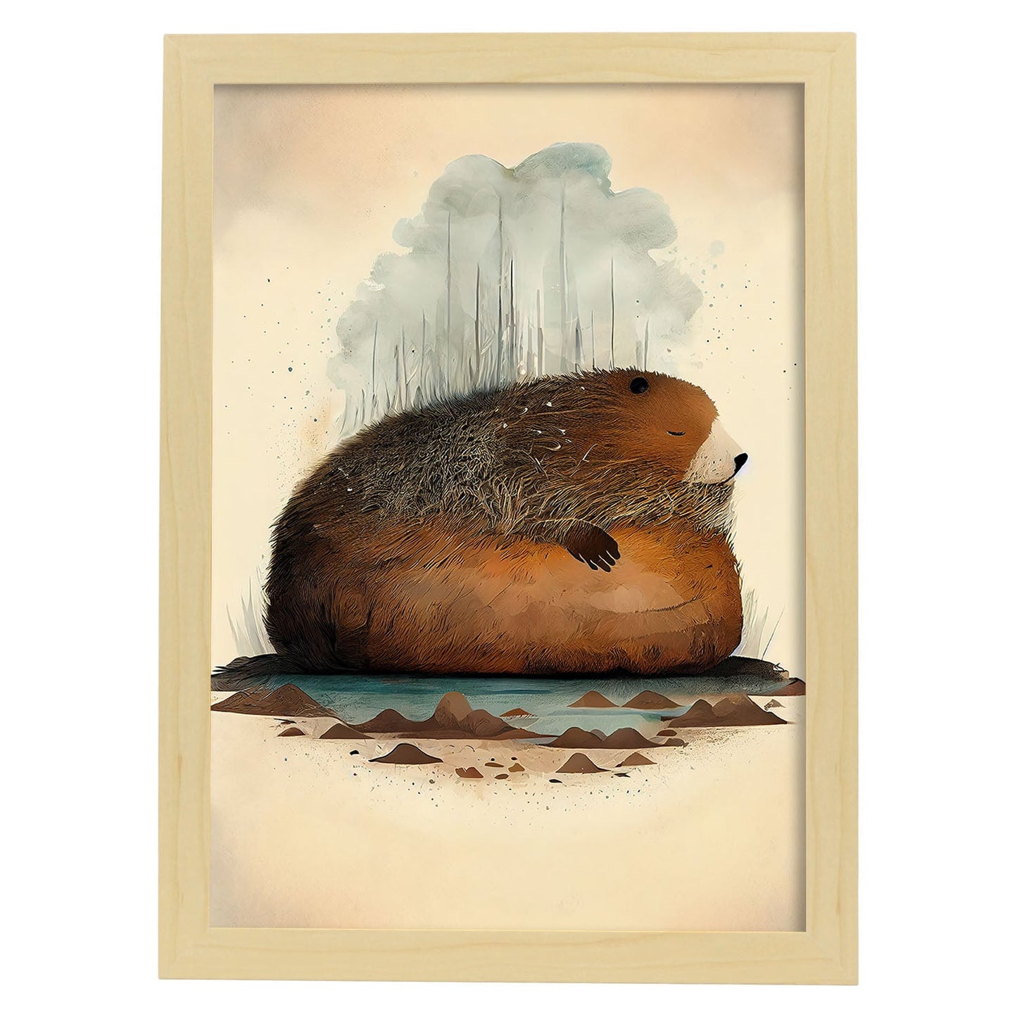 Estilo de precisión del castor esponjoso nacnico para dormir. Estampados de arte de pared estético para el diseño de dormitorio o sala de estar.-Artwork-Nacnic-A4-Marco Madera clara-Nacnic Estudio SL