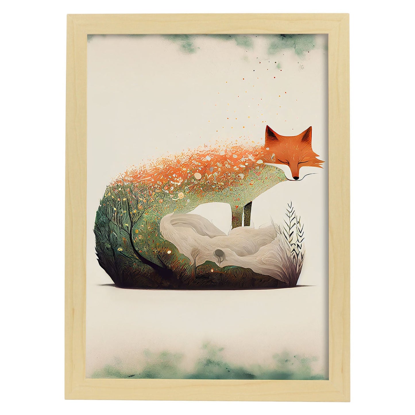 Estilo de precisionismo de zorro nacnico durmiendo. Estampados de arte de pared estético para el diseño de dormitorio o sala de estar.-Artwork-Nacnic-A4-Marco Madera clara-Nacnic Estudio SL