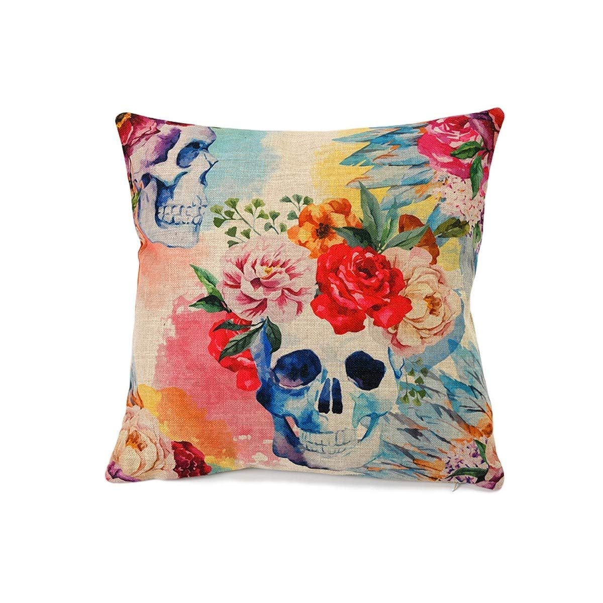 Funda de cojin de algodón y Lino, Calavera con Flores Muy resitente y de diseño Original-Nacnic-Nacnic Estudio SL