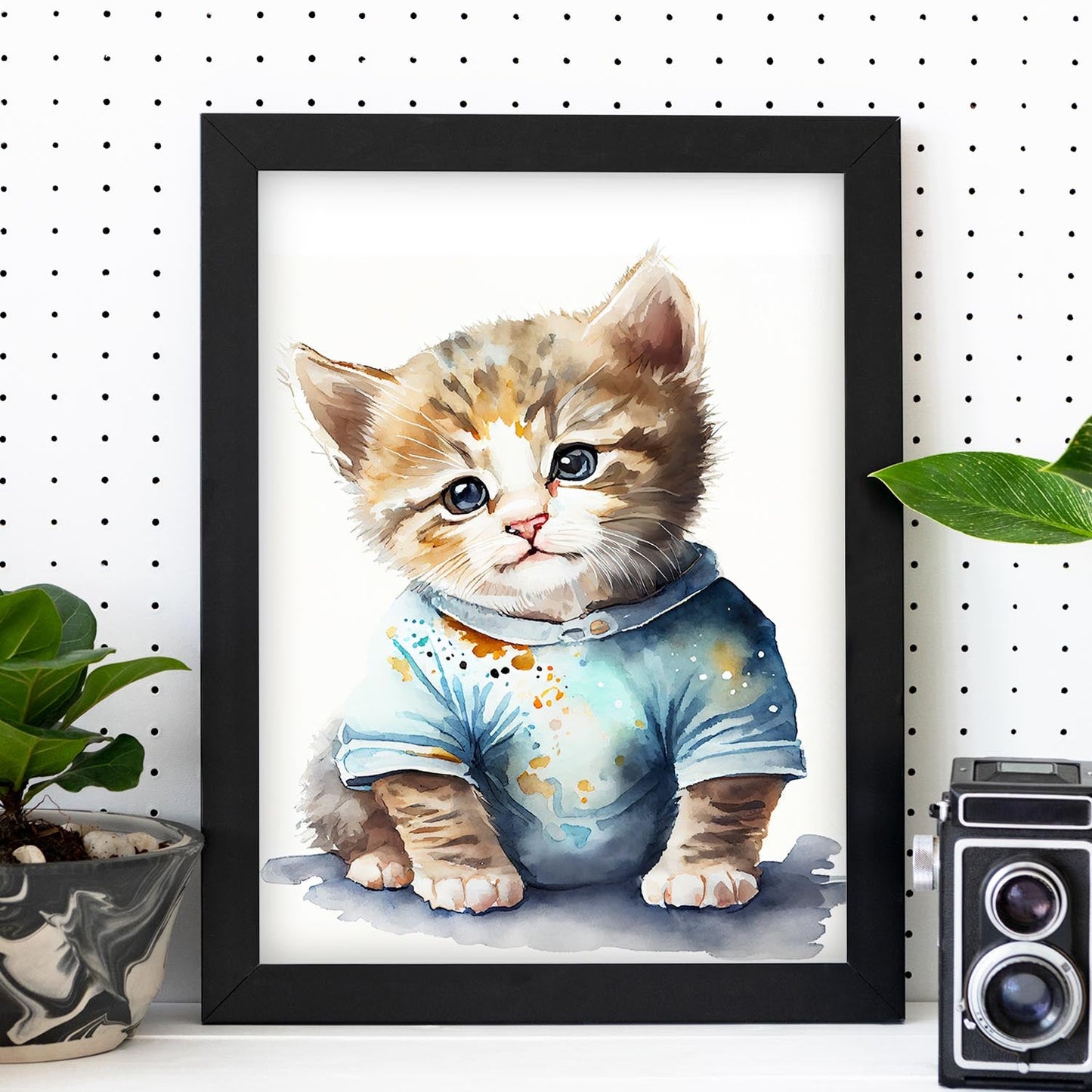 Gatito de bebé nacnico sobre fondo blanco sonriendo con 2. estampados de arte estético de pared para el diseño de dormitorio o sala de estar.-Artwork-Nacnic-Nacnic Estudio SL