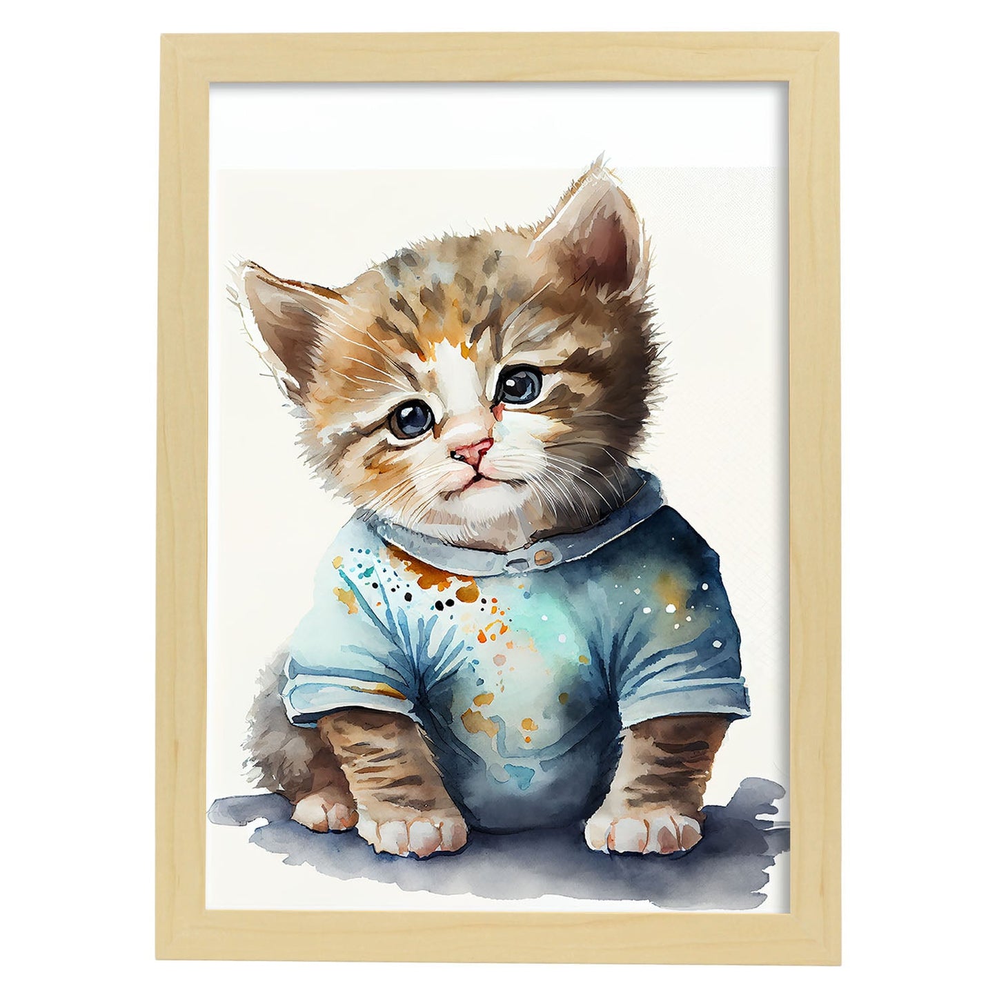 Gatito de bebé nacnico sobre fondo blanco sonriendo con 2. estampados de arte estético de pared para el diseño de dormitorio o sala de estar.-Artwork-Nacnic-A4-Marco Madera clara-Nacnic Estudio SL