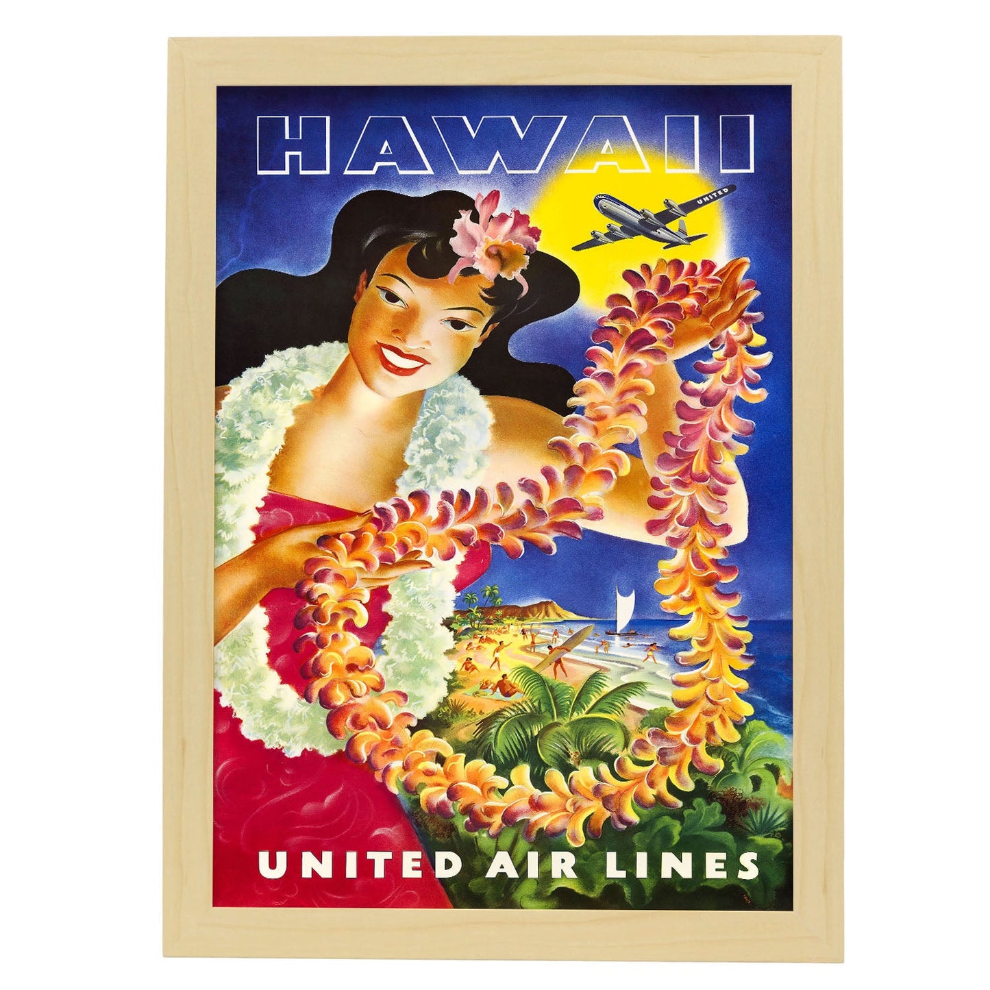 Hawaii_United_Air_Lines_Hawaiian_Girl_with_Leis-Artwork-Nacnic-A3-Marco Madera clara-Nacnic Estudio SL