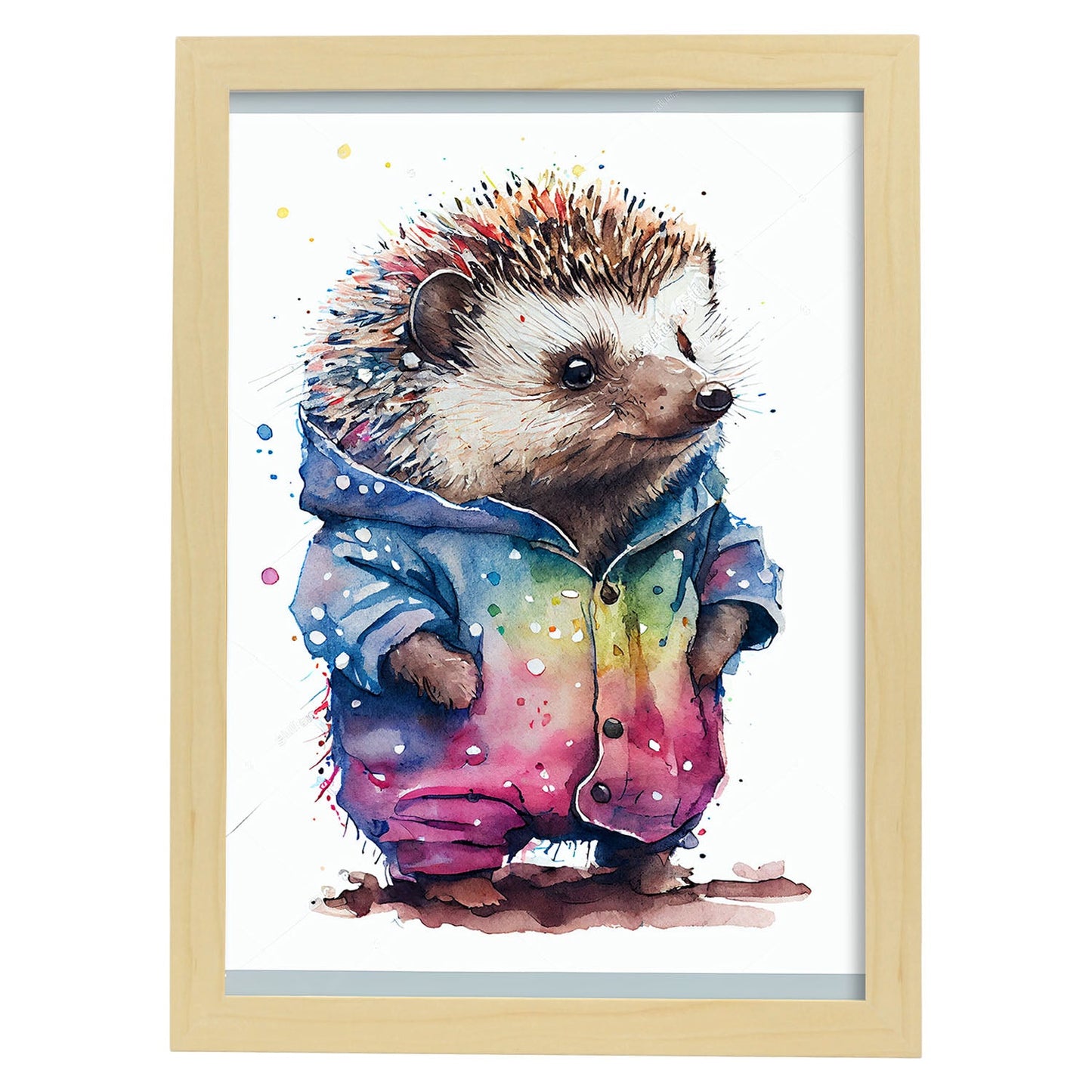 Hedgehog Hogdet Nacnic Baby sobre fondo blanco sonriendo 2. estampados de arte estético de pared para el diseño de dormitorio o sala de estar.-Artwork-Nacnic-A4-Marco Madera clara-Nacnic Estudio SL