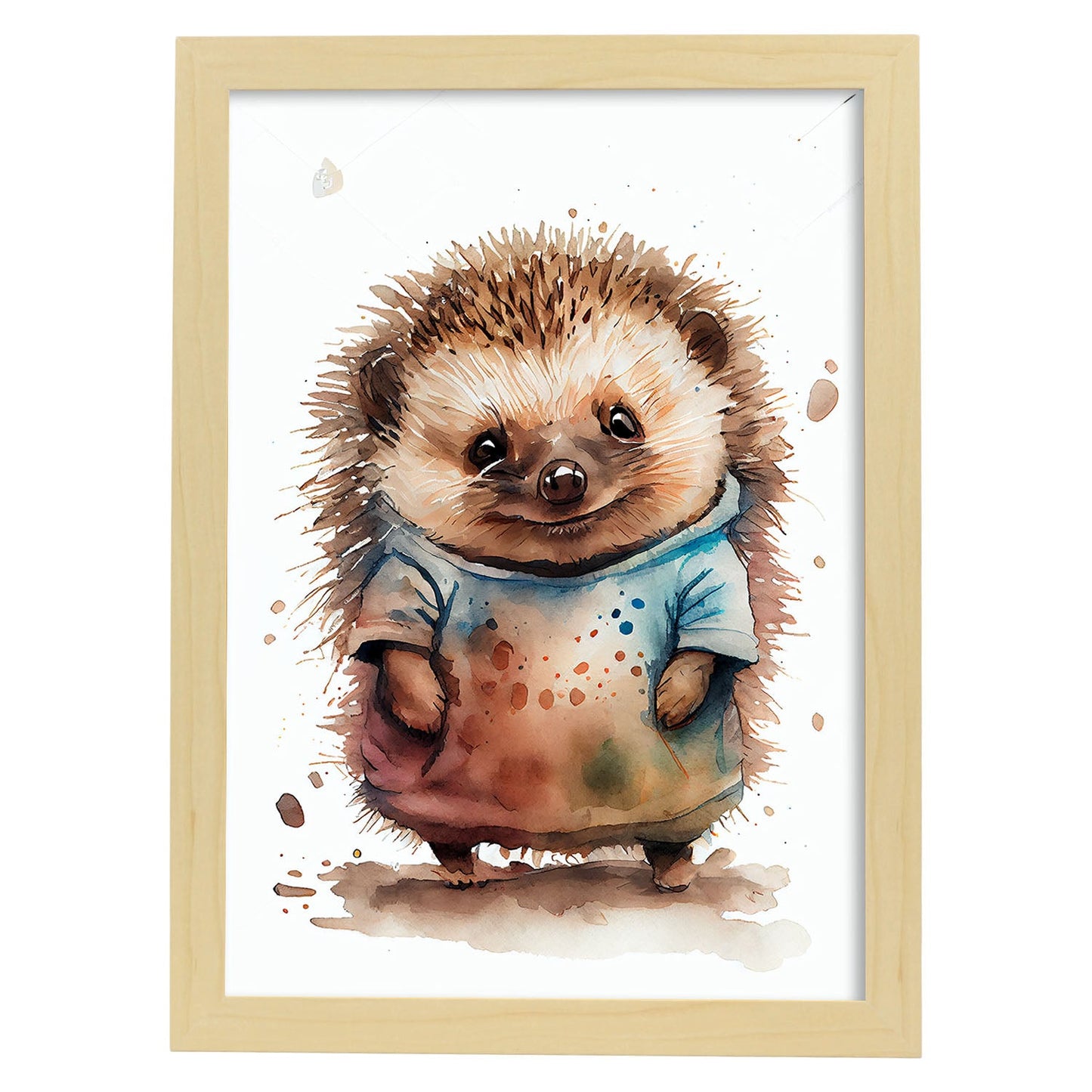 Hedgehog Hoglet nacnic Baby sobre fondo blanco WEA sonriente. Estampados de arte de pared estético para el diseño de dormitorio o sala de estar.-Artwork-Nacnic-A4-Marco Madera clara-Nacnic Estudio SL