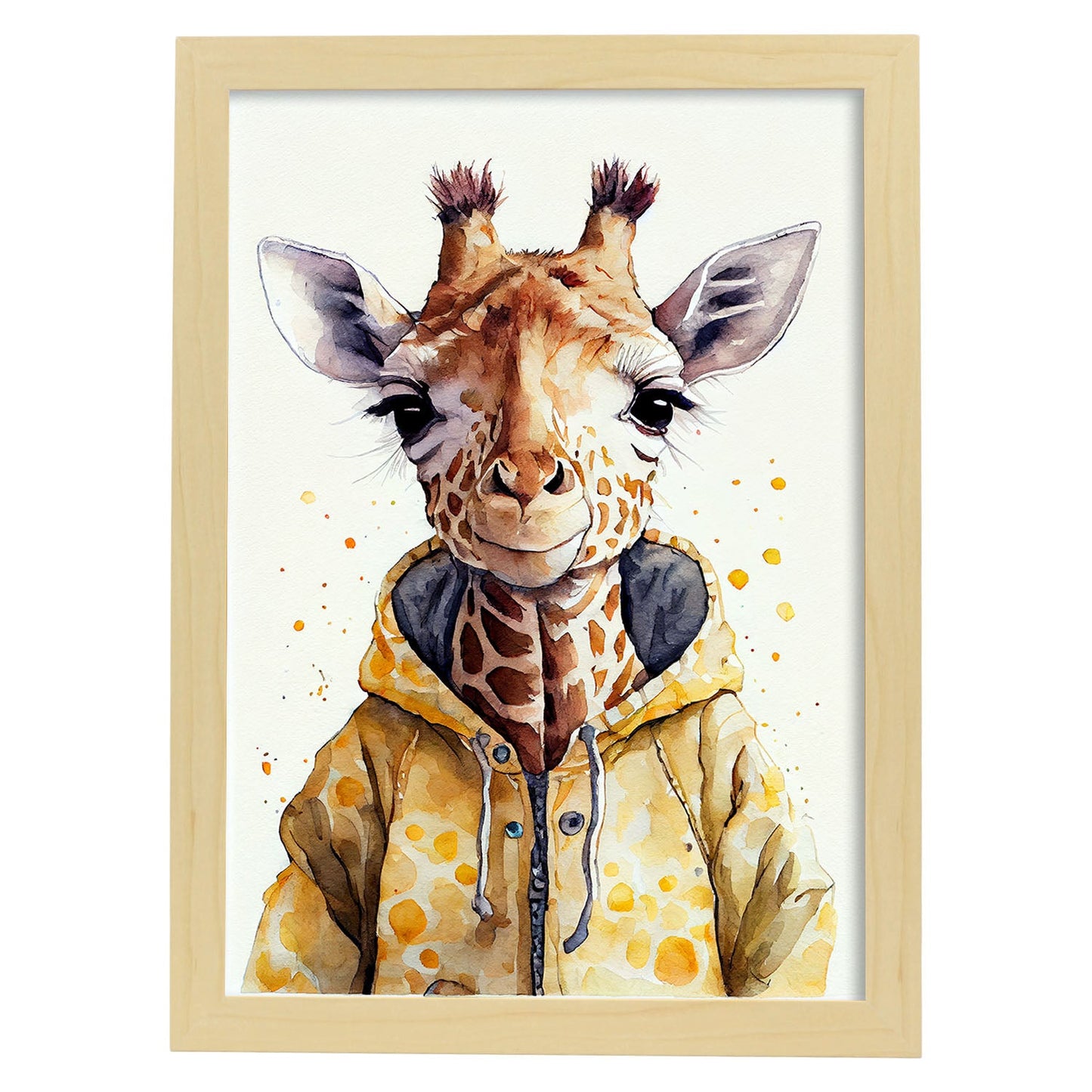 Jirafa nacnic baby sobre fondo blanco sonriendo con 1. estampados de arte estético de pared para el diseño de dormitorio o sala de estar.-Artwork-Nacnic-A4-Marco Madera clara-Nacnic Estudio SL