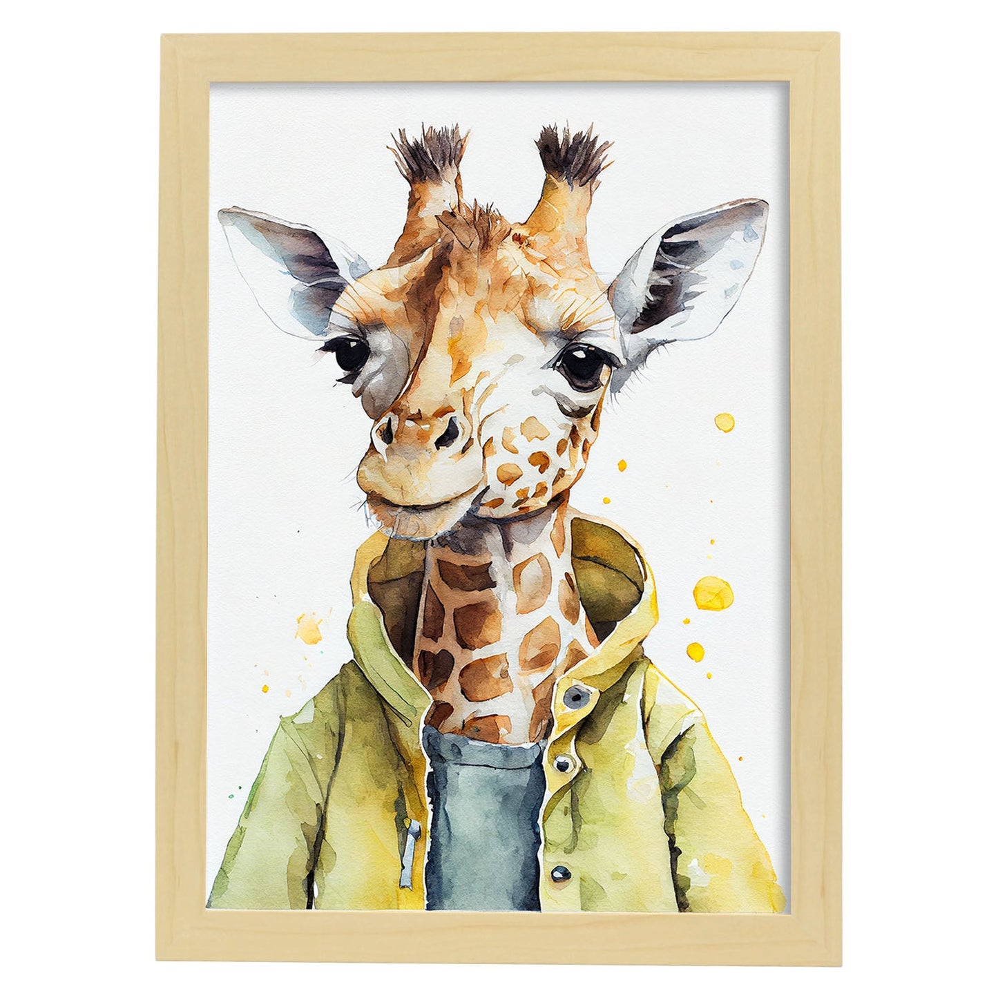 Jirafa nacnic baby sobre fondo blanco sonriendo con 3. estampados de arte de pared estético para el diseño de dormitorio o sala de estar.-Artwork-Nacnic-A4-Marco Madera clara-Nacnic Estudio SL
