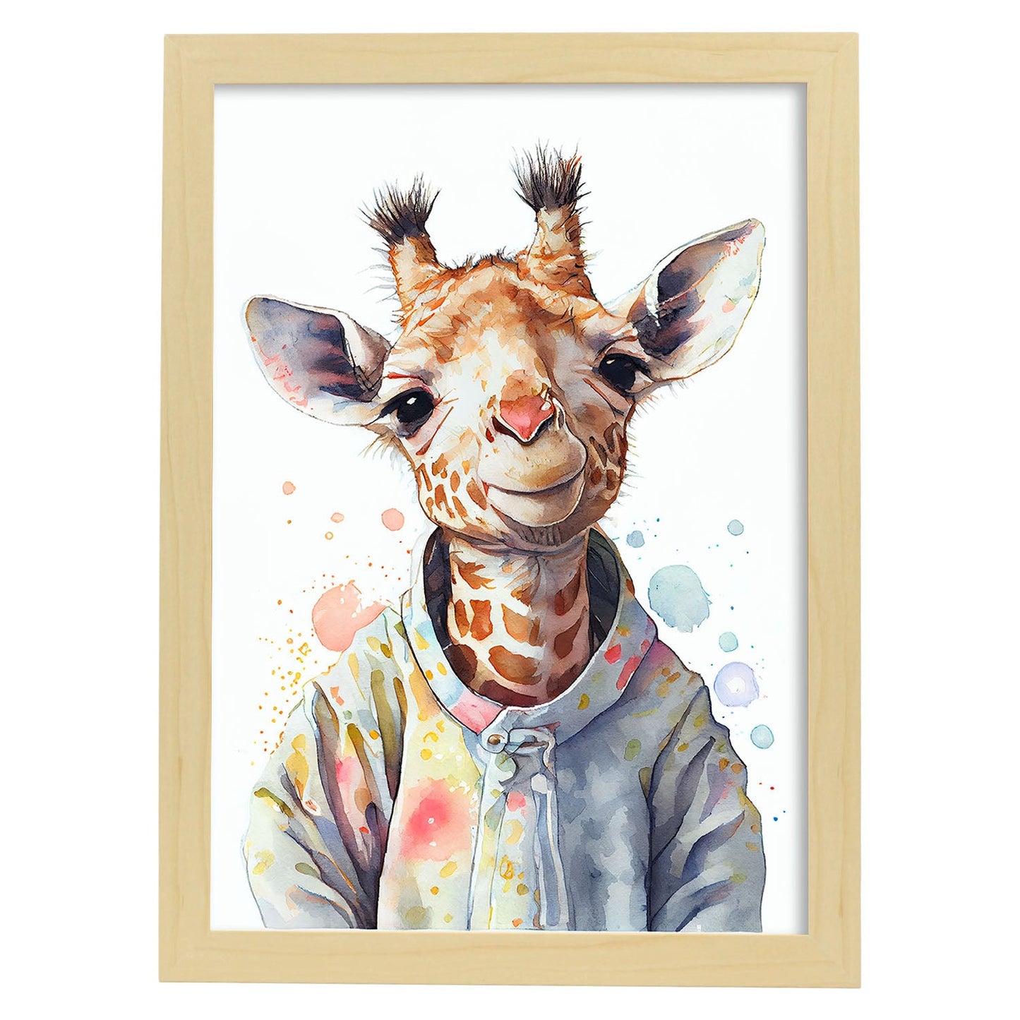 Jirafa nacnic baby sobre fondo blanco sonriendo con som. Estampados de arte de pared estético para el diseño de dormitorio o sala de estar.-Artwork-Nacnic-A4-Marco Madera clara-Nacnic Estudio SL
