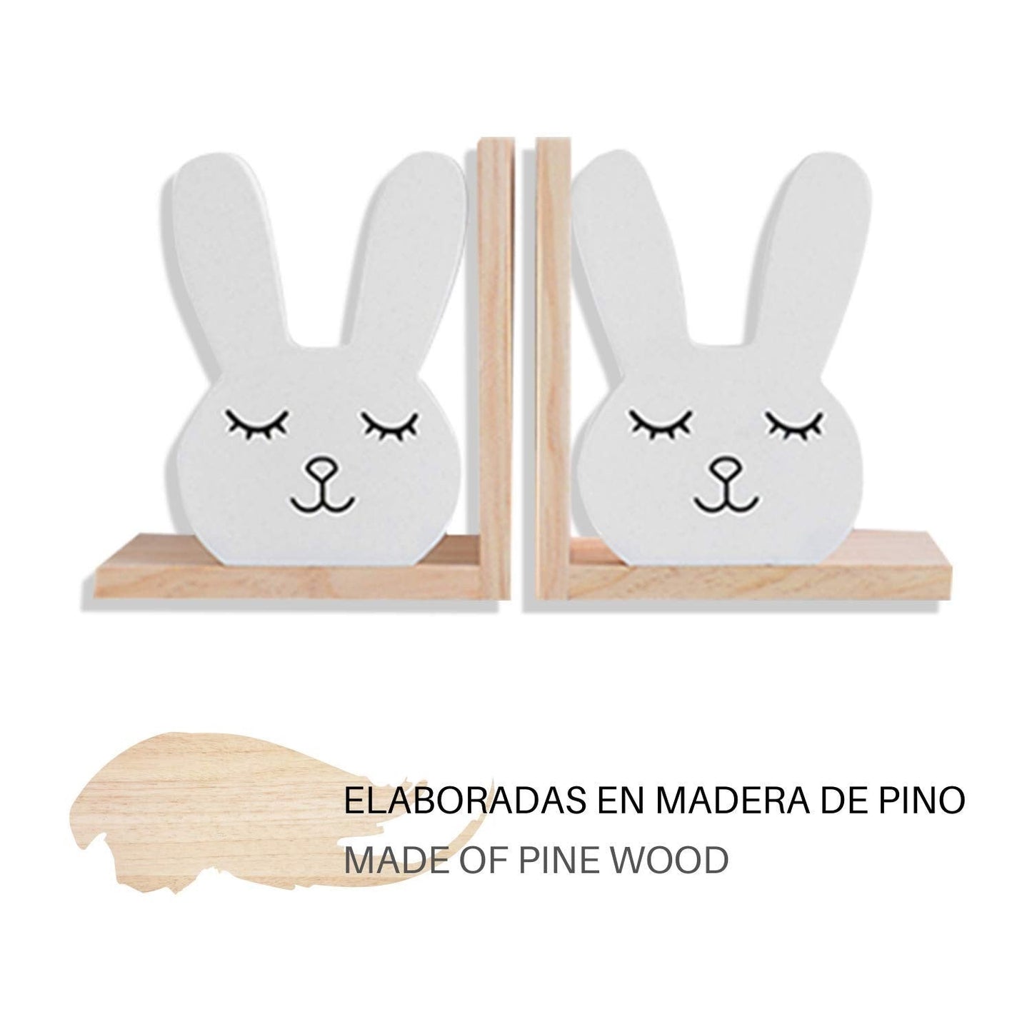 Juego de Dos sujetalibros de Madera en Estilo nordico con diseño de simpatico Conejito. Soportalibros Funcional para Decorar la habitacion de los niños.-Nacnic-Nacnic Estudio SL