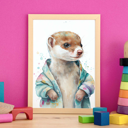 Kit de comadreja nacnic baby sobre fondo blanco sonriendo. Estampados de arte de pared estético para el diseño de dormitorio o sala de estar.-Artwork-Nacnic-Nacnic Estudio SL