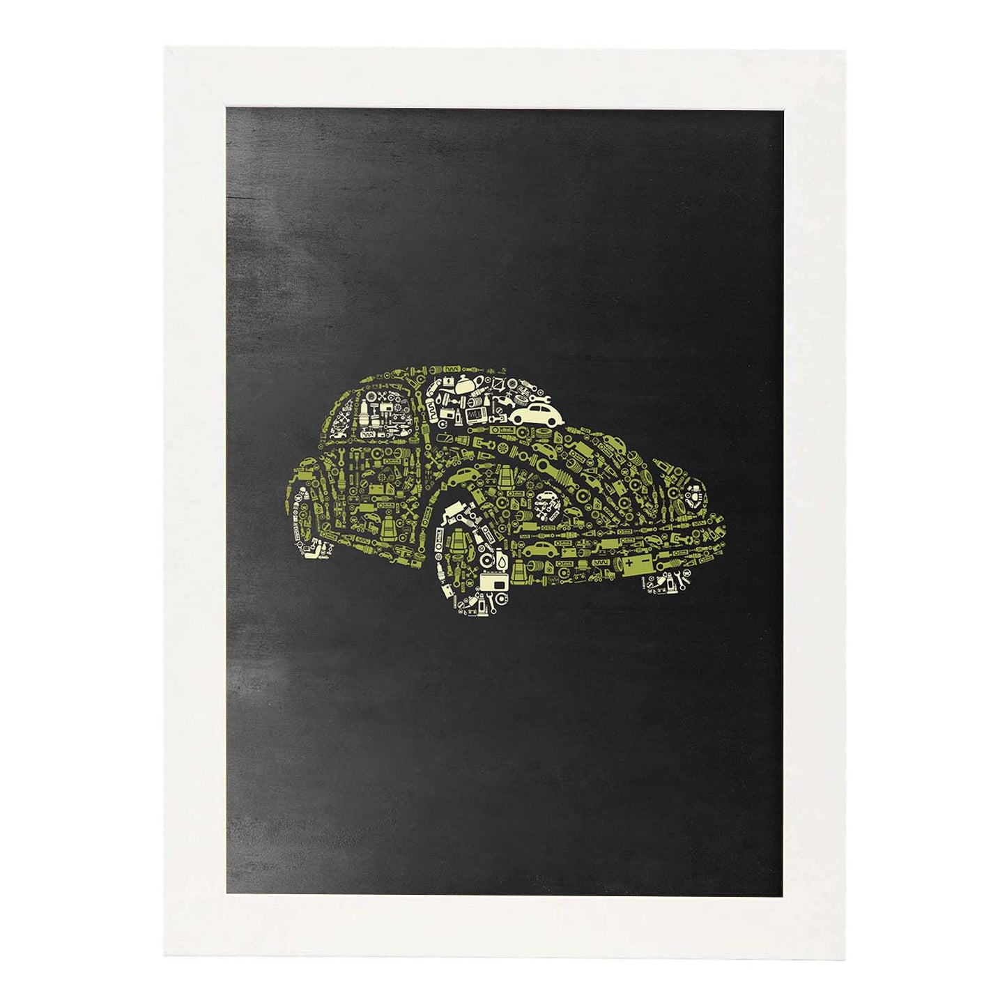 Lámina amarilla y negra de Coche beetle escarabajo en Poster con fondo negro estilo pizarra. Papel 250 gr y tintas de alta calidad.-Artwork-Nacnic-A3-Marco Blanco-Nacnic Estudio SL