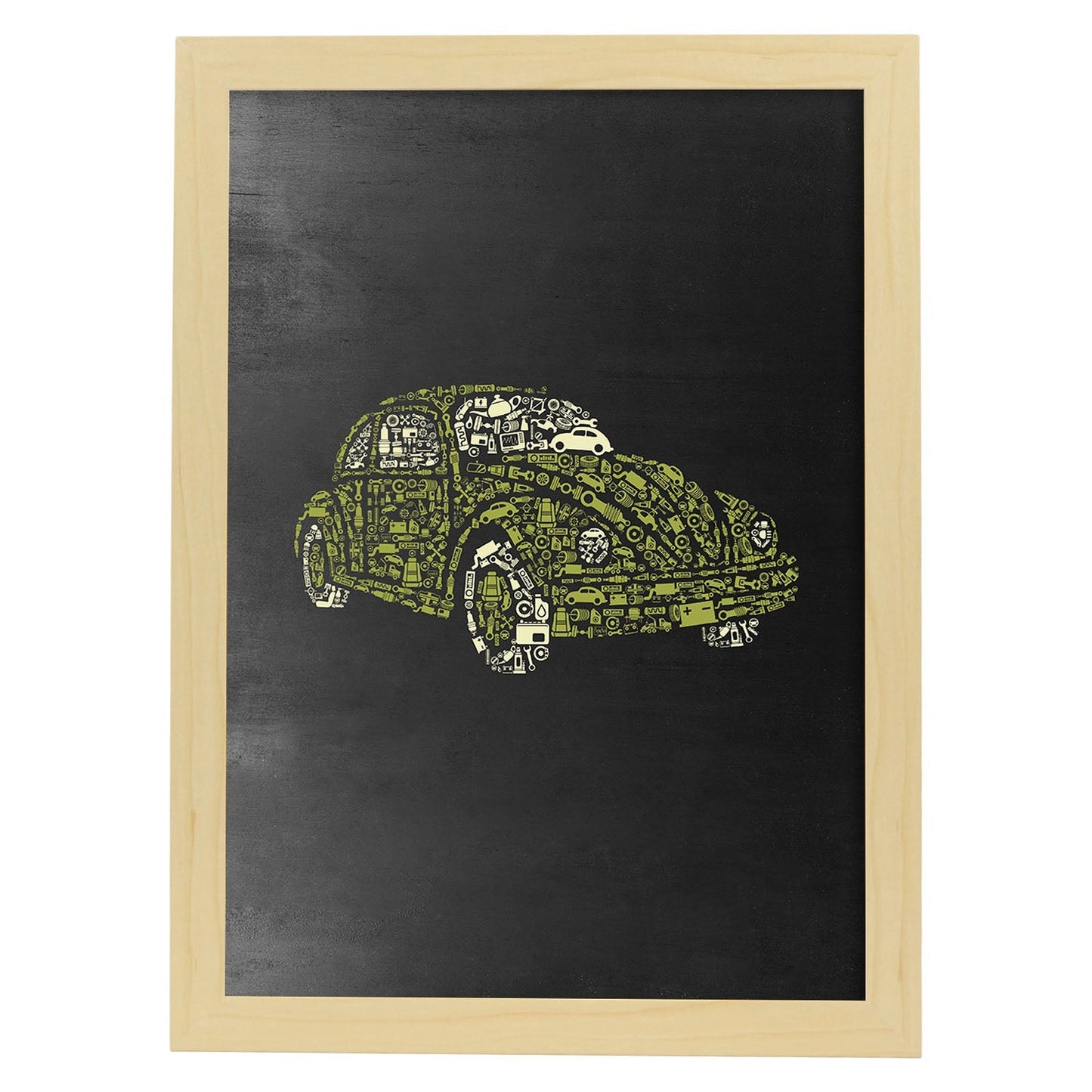 Lámina amarilla y negra de Coche beetle escarabajo en Poster con fondo negro estilo pizarra. Papel 250 gr y tintas de alta calidad.-Artwork-Nacnic-A3-Marco Madera clara-Nacnic Estudio SL