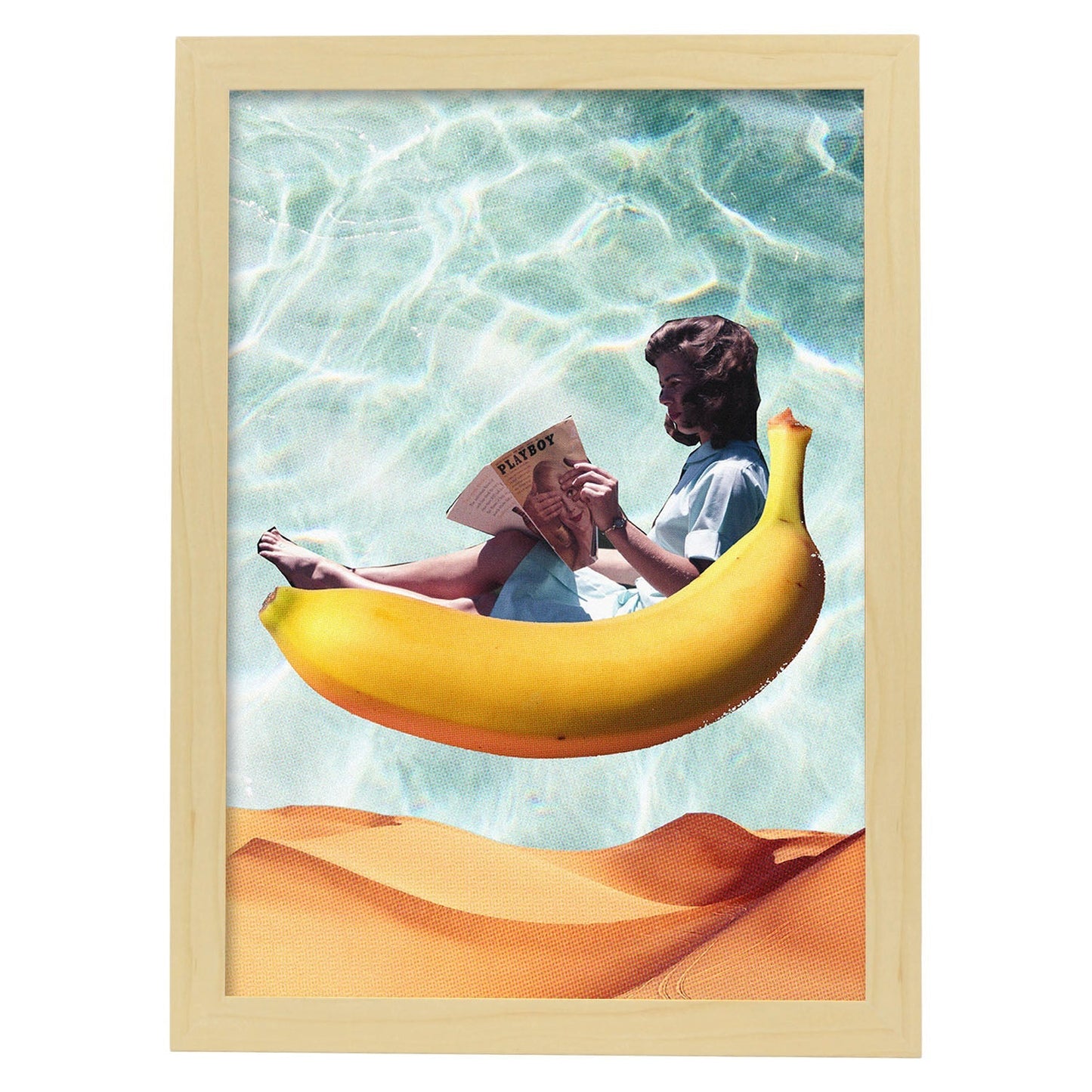 Lamina artistica decorativa con ilustración de Banana estilo Collage-Artwork-Nacnic-A4-Marco Madera clara-Nacnic Estudio SL