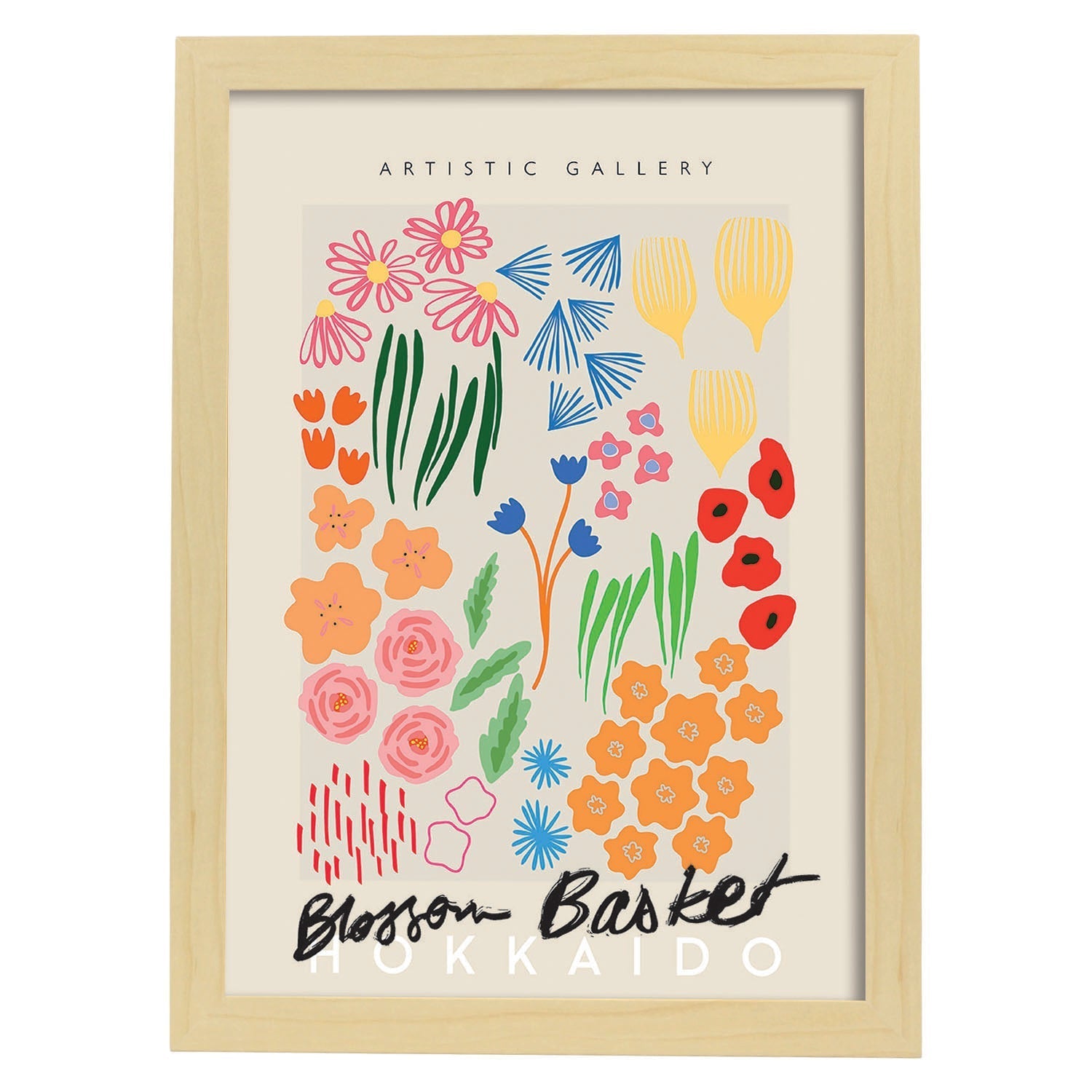 Lamina artistica decorativa con ilustración de Blossom Cesta Hokkaido estilo Abstracto-Artwork-Nacnic-A4-Marco Madera clara-Nacnic Estudio SL