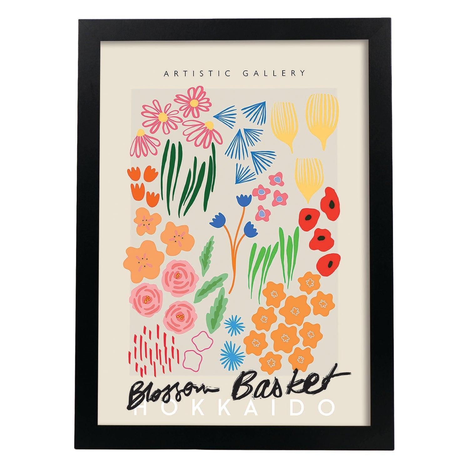 Lamina artistica decorativa con ilustración de Blossom Cesta Hokkaido estilo Abstracto-Artwork-Nacnic-A4-Marco Negro-Nacnic Estudio SL