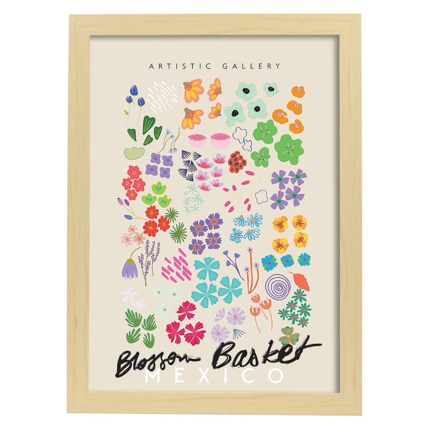 Lamina artistica decorativa con ilustración de Blossom Cesta México estilo Abstracto-Artwork-Nacnic-A3-Marco Madera clara-Nacnic Estudio SL