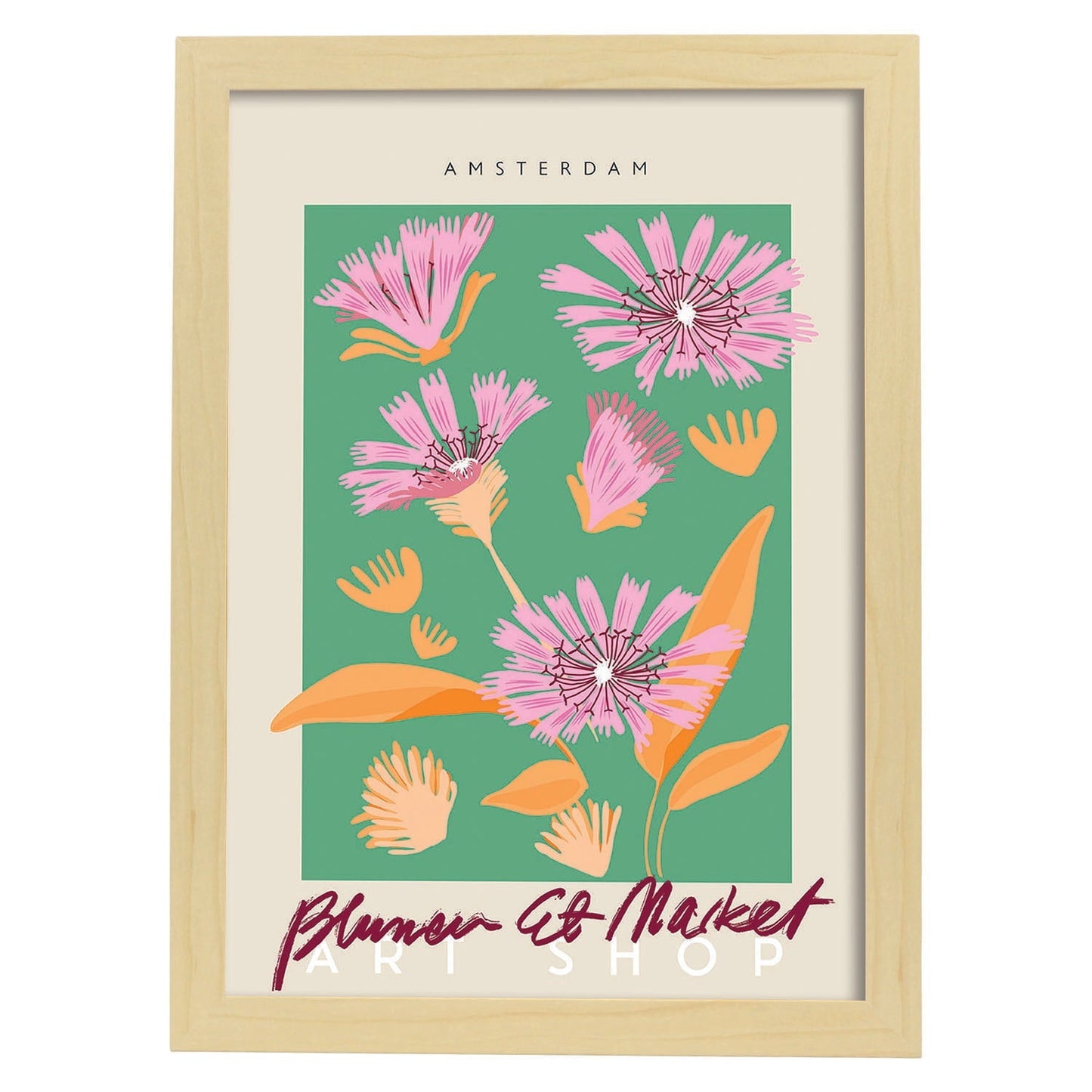 Lamina artistica decorativa con ilustración de Blumenau et Market Amsterdam-Artwork-Nacnic-A4-Marco Madera clara-Nacnic Estudio SL