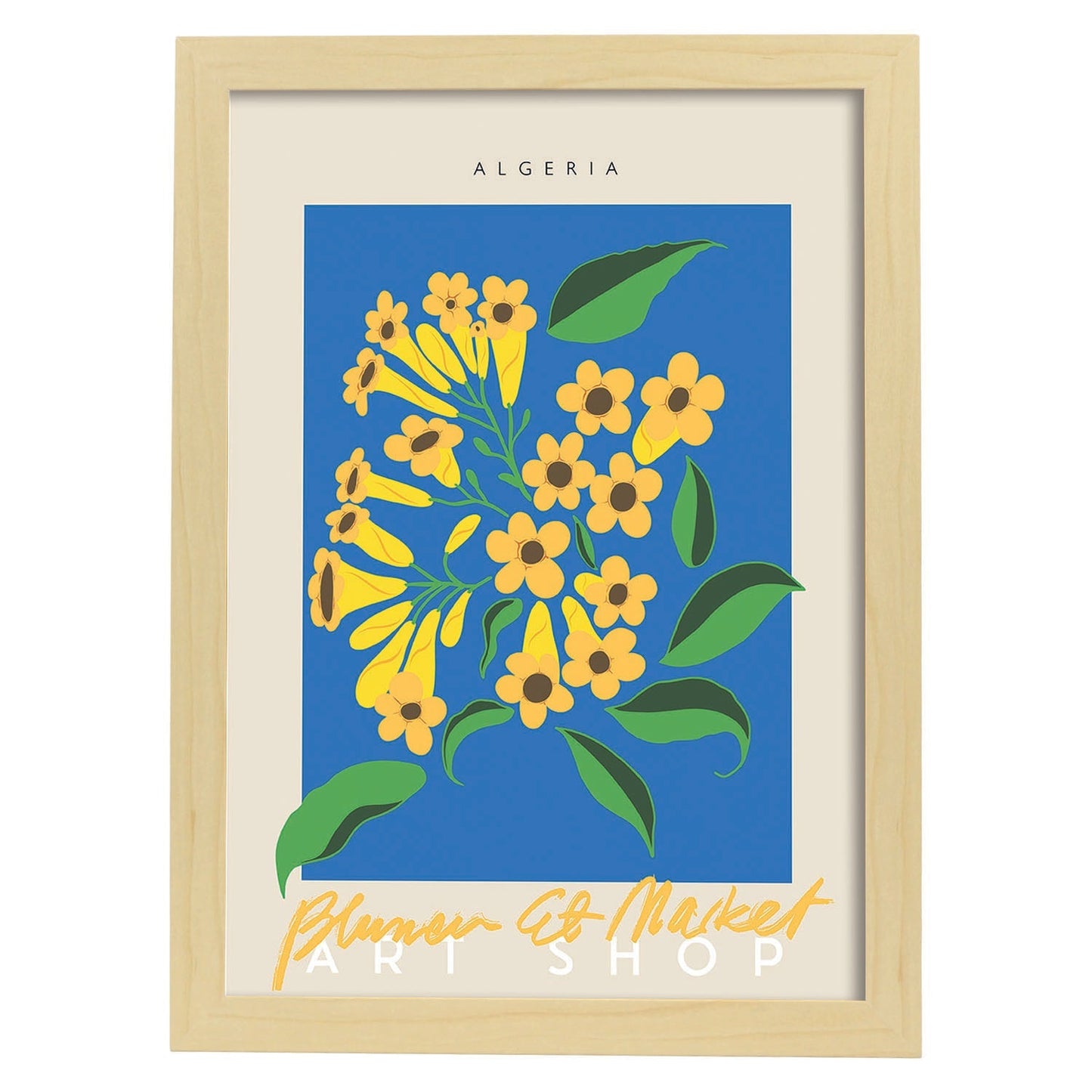 Lamina artistica decorativa con ilustración de Blumenau et Market Argelia-Artwork-Nacnic-A4-Marco Madera clara-Nacnic Estudio SL