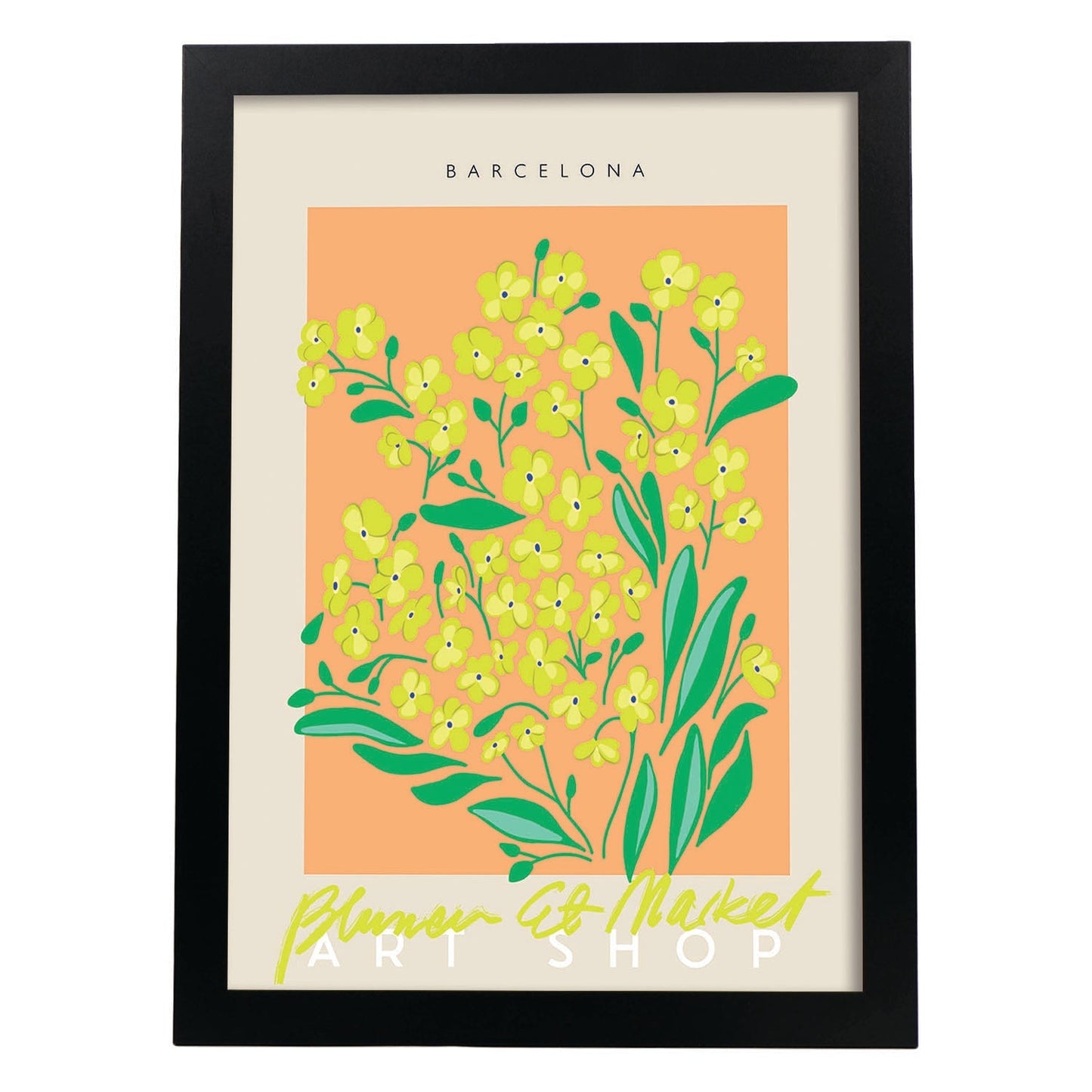 Lamina artistica decorativa con ilustración de Blumenau et Market Barcelona-Artwork-Nacnic-A4-Marco Negro-Nacnic Estudio SL