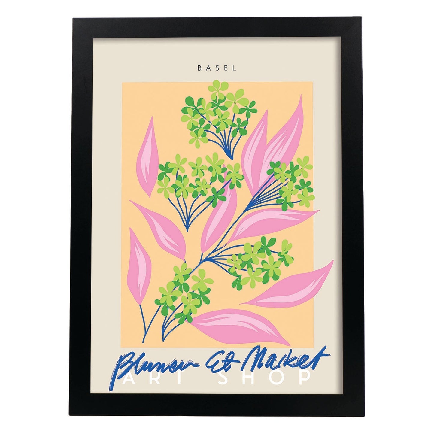 Lamina artistica decorativa con ilustración de Blumenau et Market Basel-Artwork-Nacnic-A3-Marco Negro-Nacnic Estudio SL