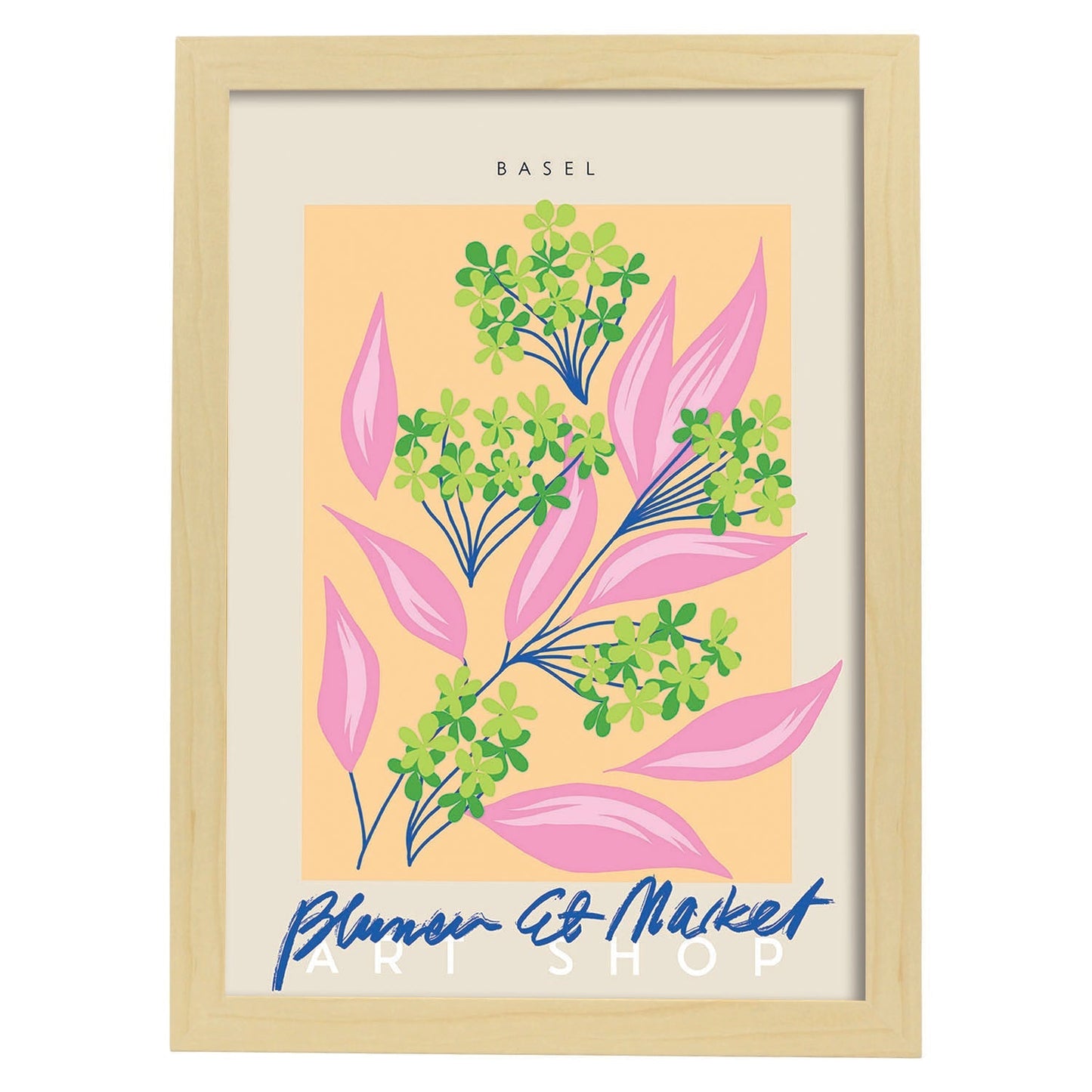 Lamina artistica decorativa con ilustración de Blumenau et Market Basel-Artwork-Nacnic-A4-Marco Madera clara-Nacnic Estudio SL