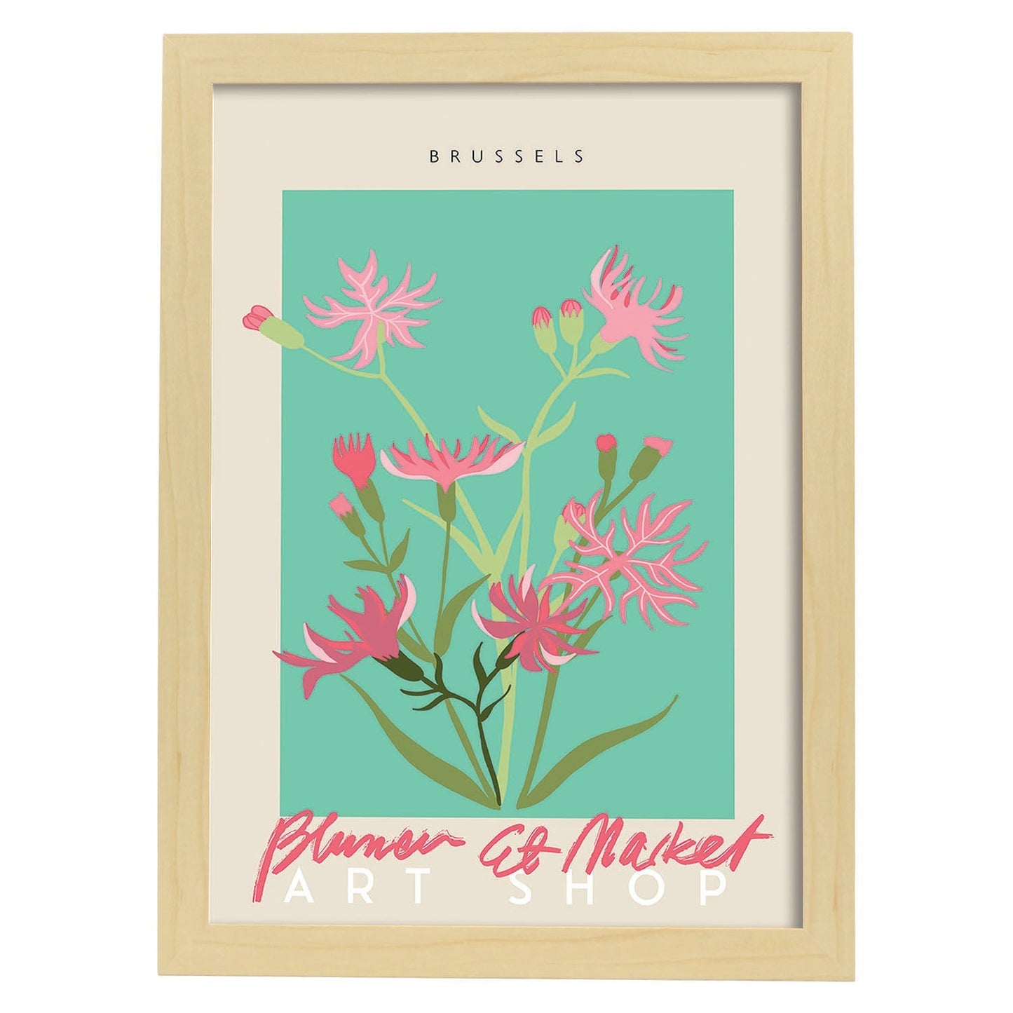 Lamina artistica decorativa con ilustración de Blumenau et Market Bruselas-Artwork-Nacnic-A4-Marco Madera clara-Nacnic Estudio SL