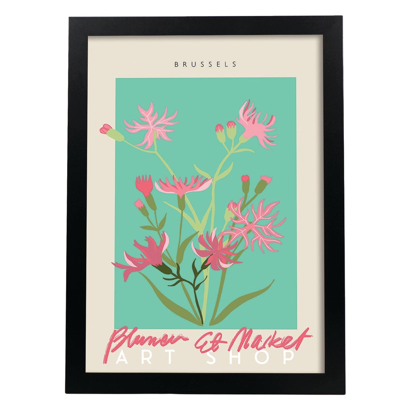 Lamina artistica decorativa con ilustración de Blumenau et Market Bruselas-Artwork-Nacnic-A4-Marco Negro-Nacnic Estudio SL