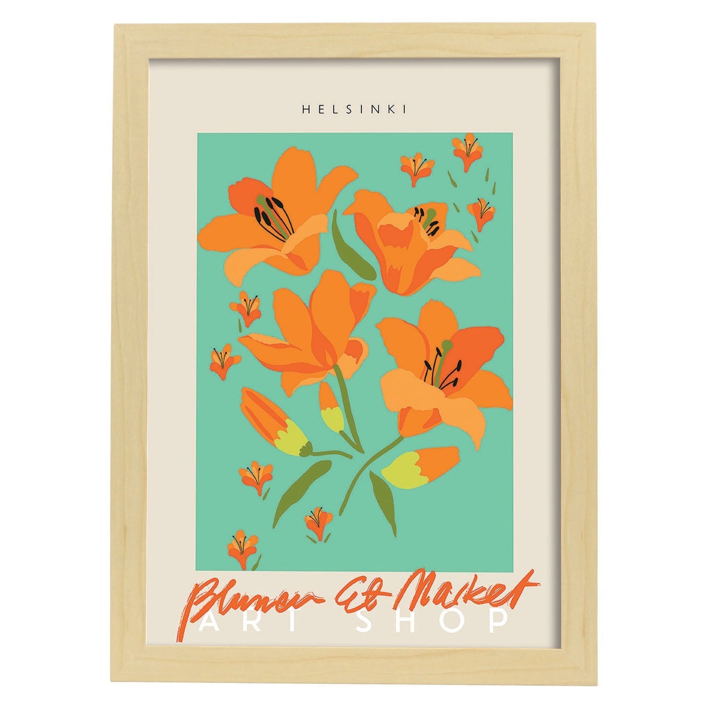Lamina artistica decorativa con ilustración de Blumenau et Market Helsinki-Artwork-Nacnic-A4-Marco Madera clara-Nacnic Estudio SL