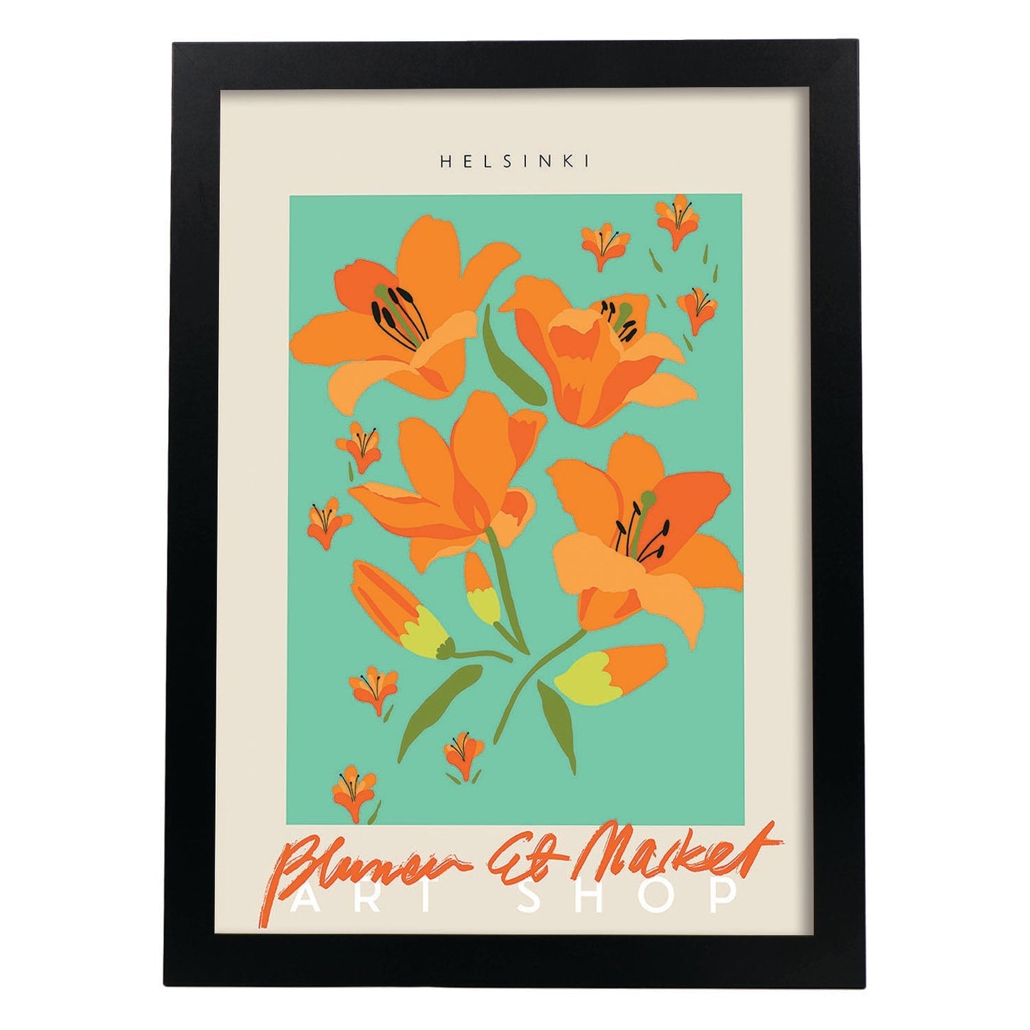 Lamina artistica decorativa con ilustración de Blumenau et Market Helsinki-Artwork-Nacnic-A4-Marco Negro-Nacnic Estudio SL