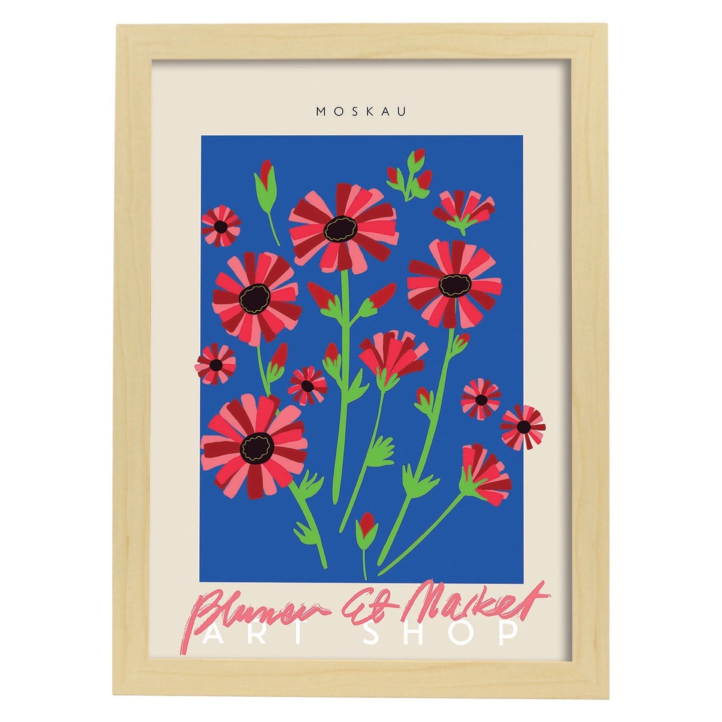 Lamina artistica decorativa con ilustración de Blumenau et Market Moskau-Artwork-Nacnic-A4-Marco Madera clara-Nacnic Estudio SL