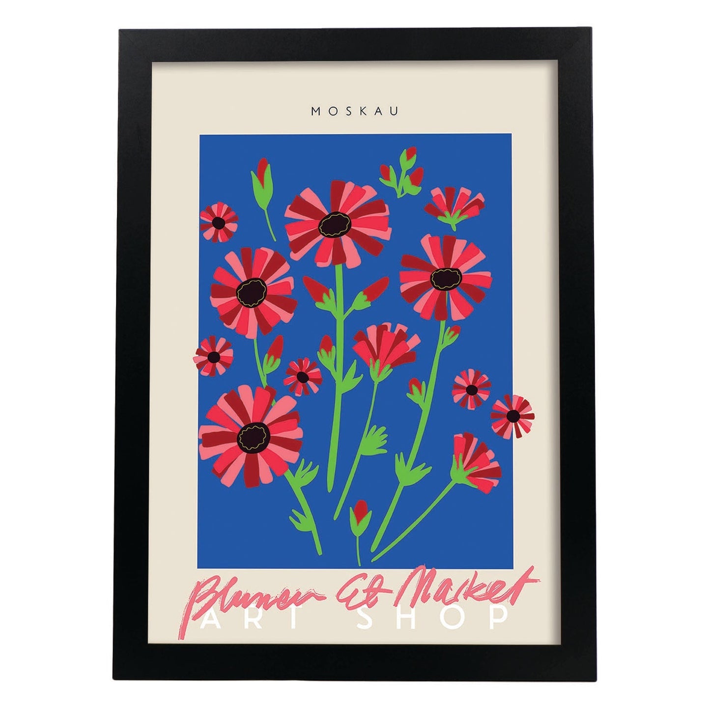 Lamina artistica decorativa con ilustración de Blumenau et Market Moskau-Artwork-Nacnic-A4-Marco Negro-Nacnic Estudio SL