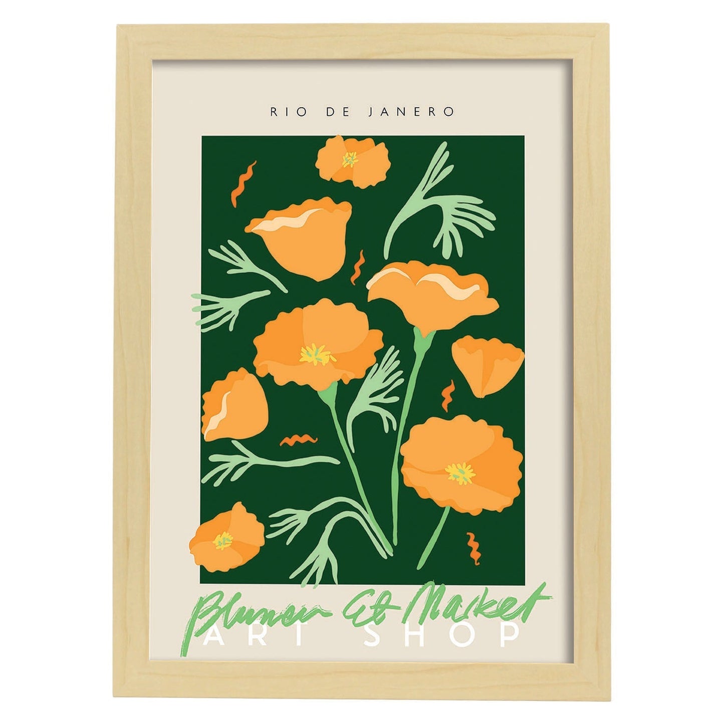 Lamina artistica decorativa con ilustración de Blumenau et Market Rio de Janero-Artwork-Nacnic-A4-Marco Madera clara-Nacnic Estudio SL