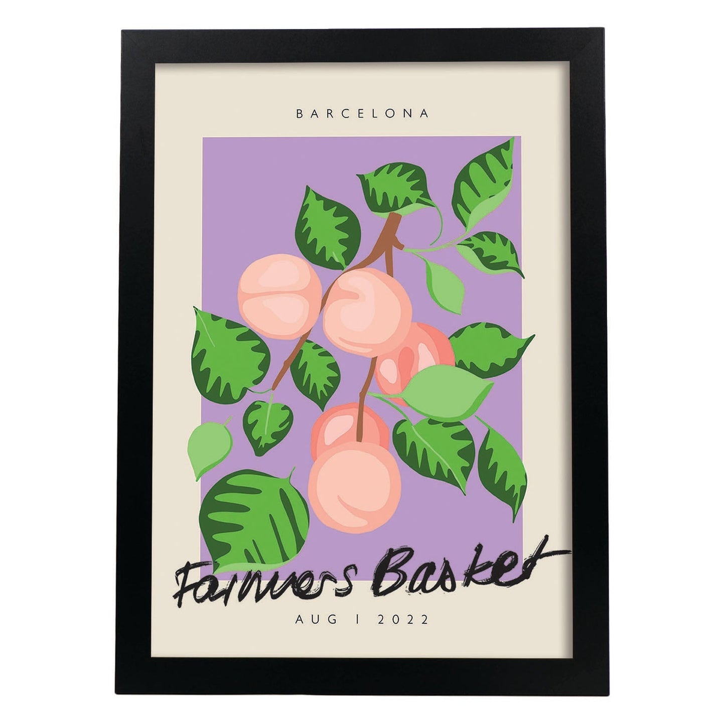 Lamina artistica decorativa con ilustración de Cesta de agricultores Barcelona-Artwork-Nacnic-A3-Marco Negro-Nacnic Estudio SL