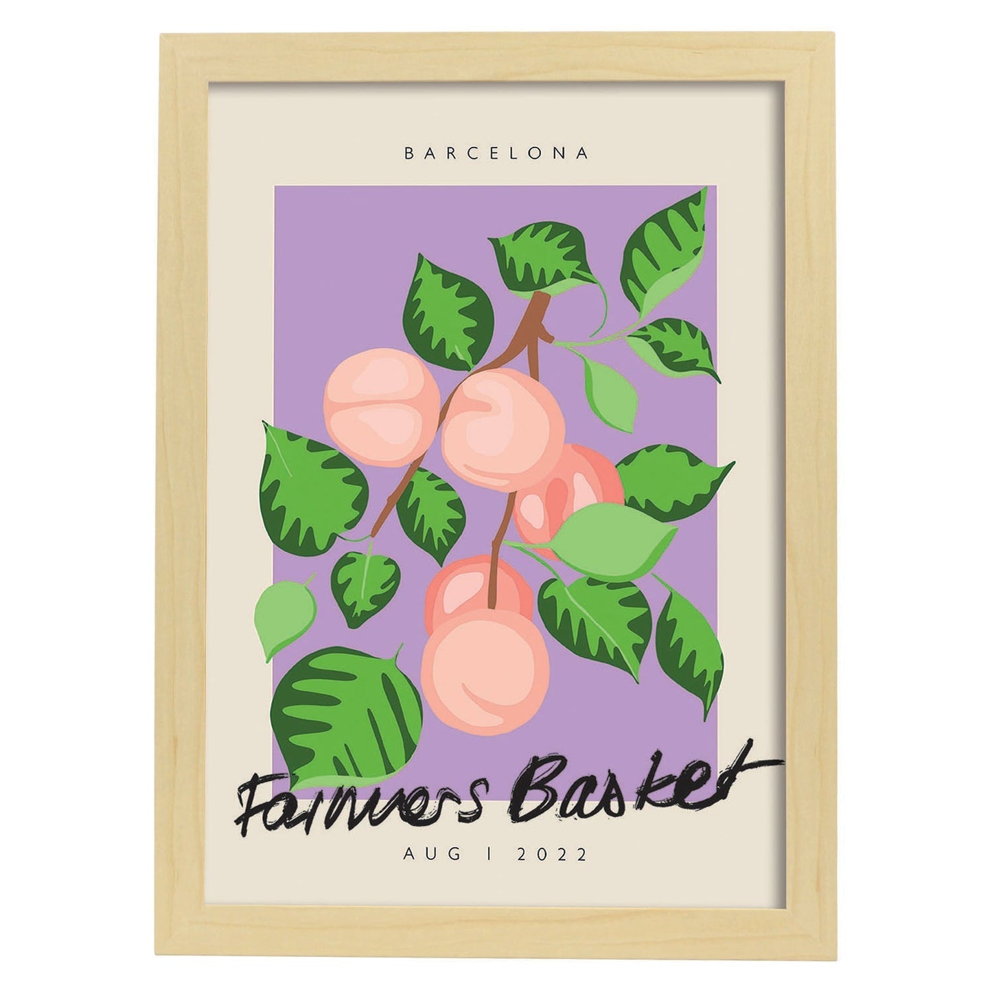 Lamina artistica decorativa con ilustración de Cesta de agricultores Barcelona-Artwork-Nacnic-A4-Marco Madera clara-Nacnic Estudio SL